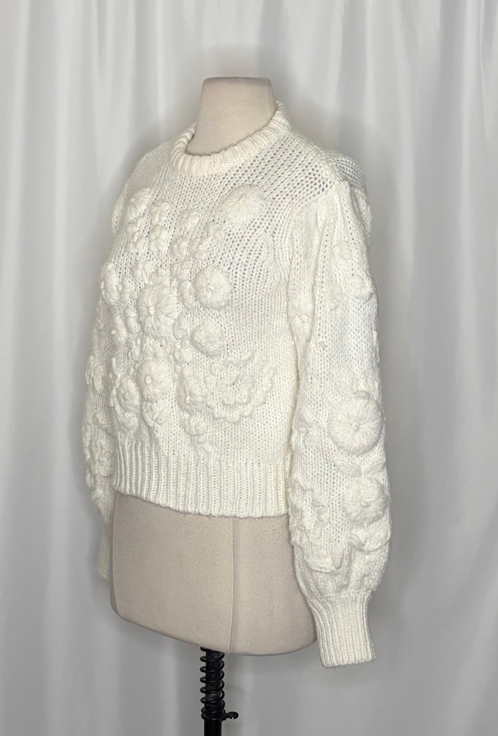 ZARA White Floral Embroidered Puff Sleeve Knit Sweater Blogger Favorite Small