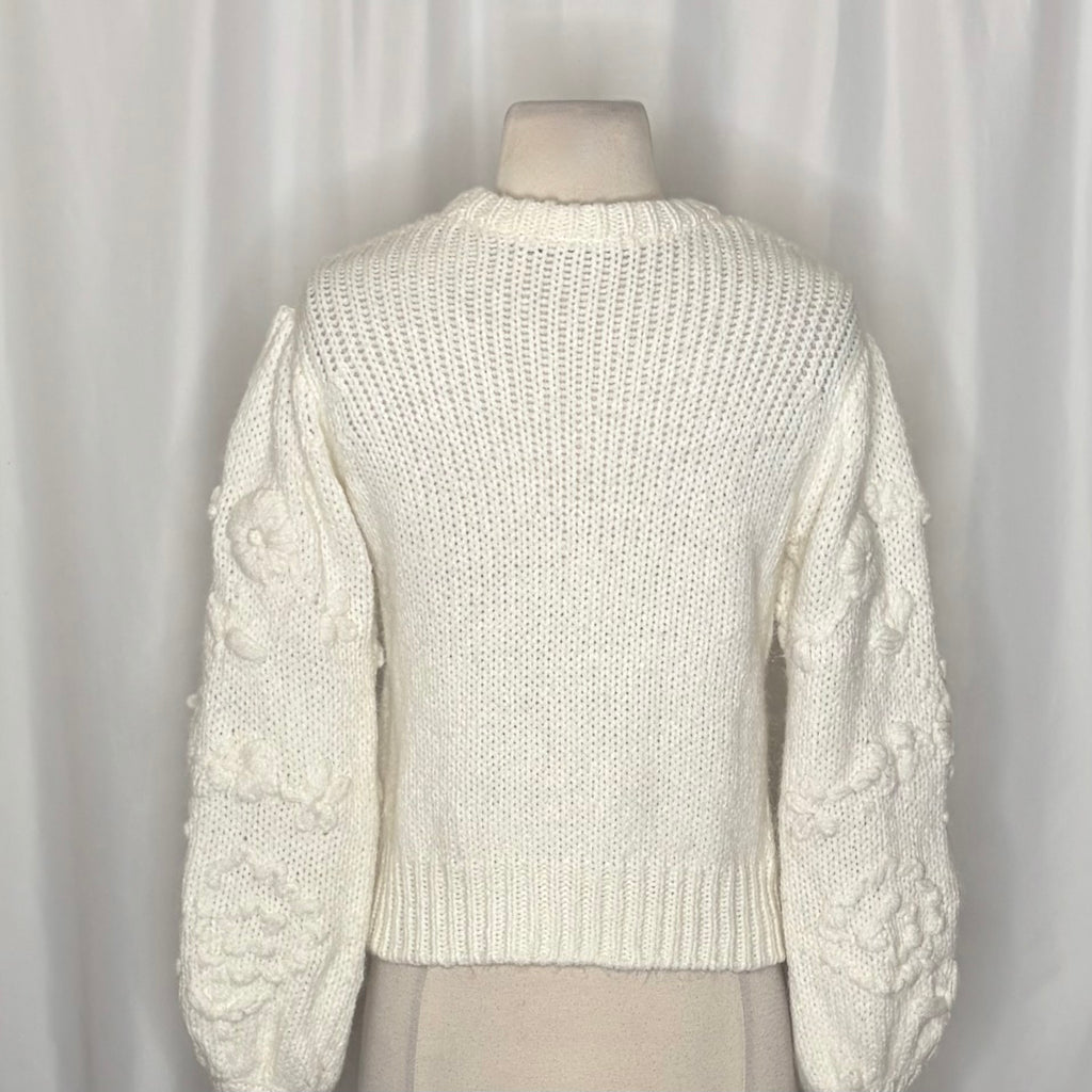 ZARA White Floral Embroidered Puff Sleeve Knit Sweater Blogger Favorite Small