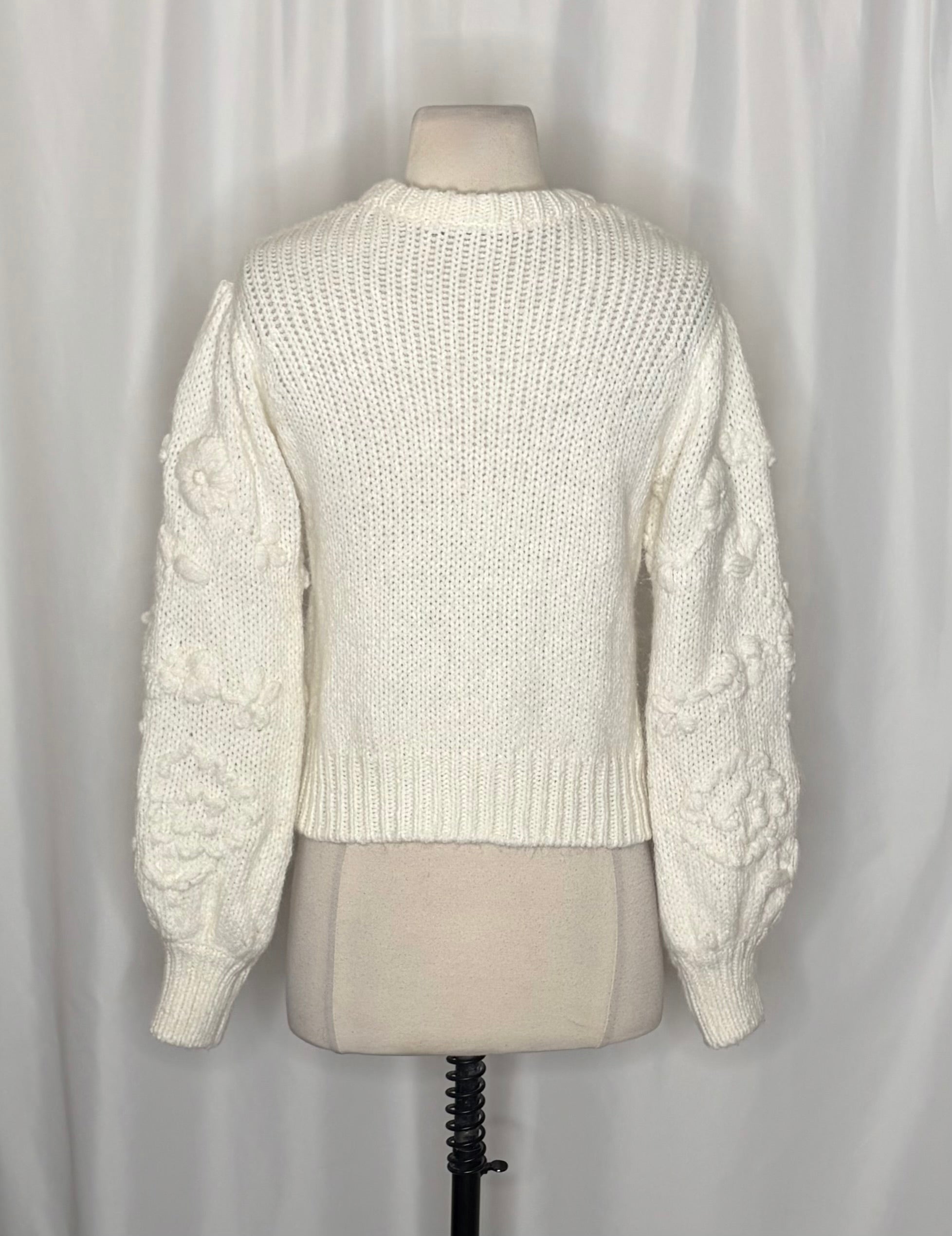 ZARA White Floral Embroidered Puff Sleeve Knit Sweater Blogger Favorite Small