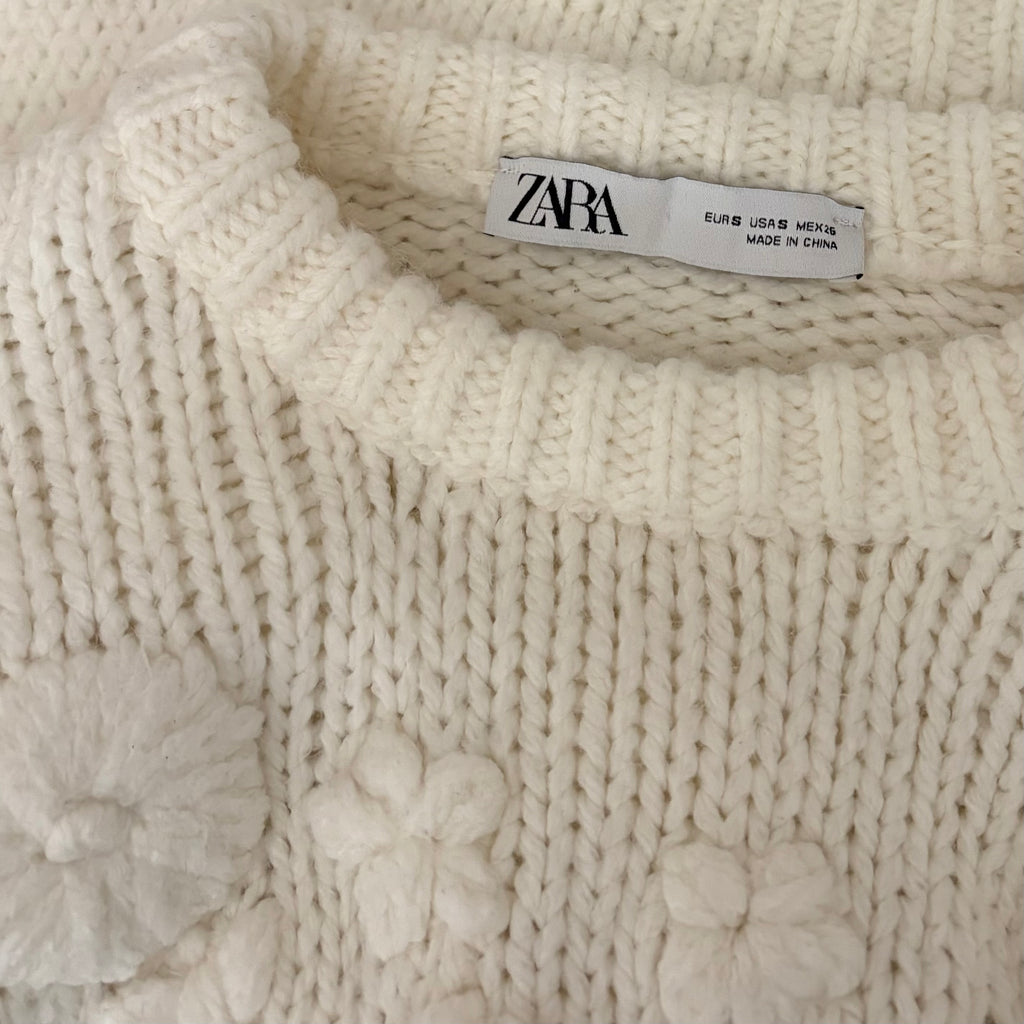 ZARA White Floral Embroidered Puff Sleeve Knit Sweater Blogger Favorite Small