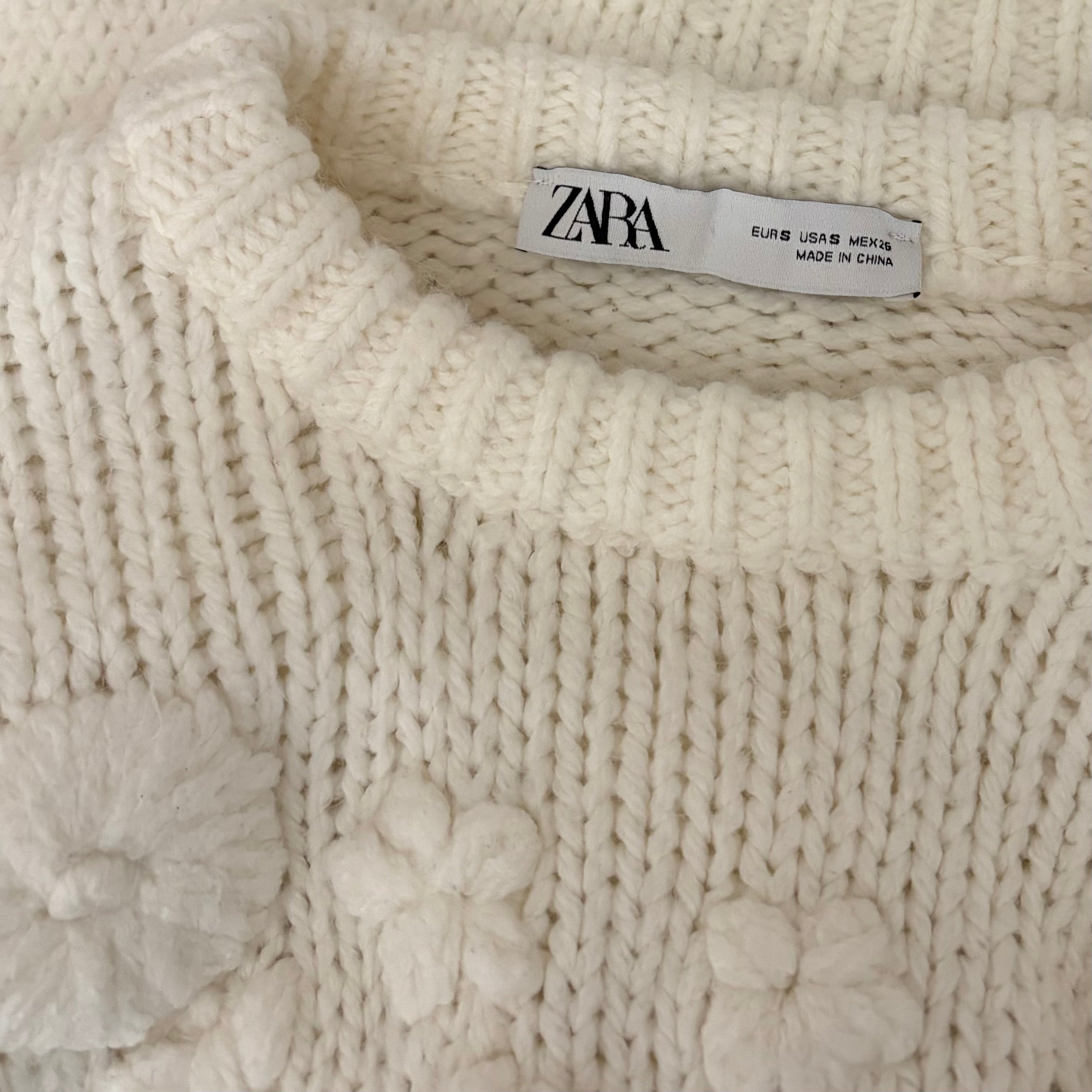 ZARA White Floral Embroidered Puff Sleeve Knit Sweater Blogger Favorite Small