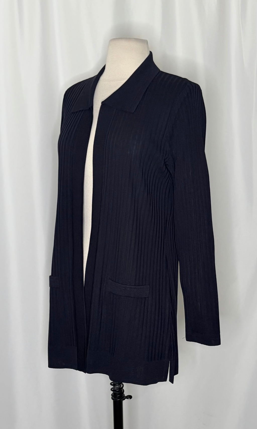 Exclusively MISOOK Navy Blue Ribbed Knit Open Front Cardigan Sweater Knitwear XS