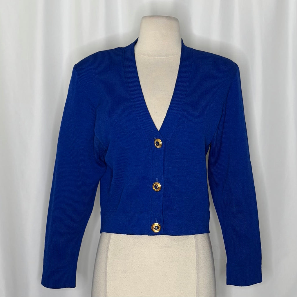 ST. JOHN Separates Cropped Knit Cardigan Sweater Royal Blue V-Neck Jacket Medium