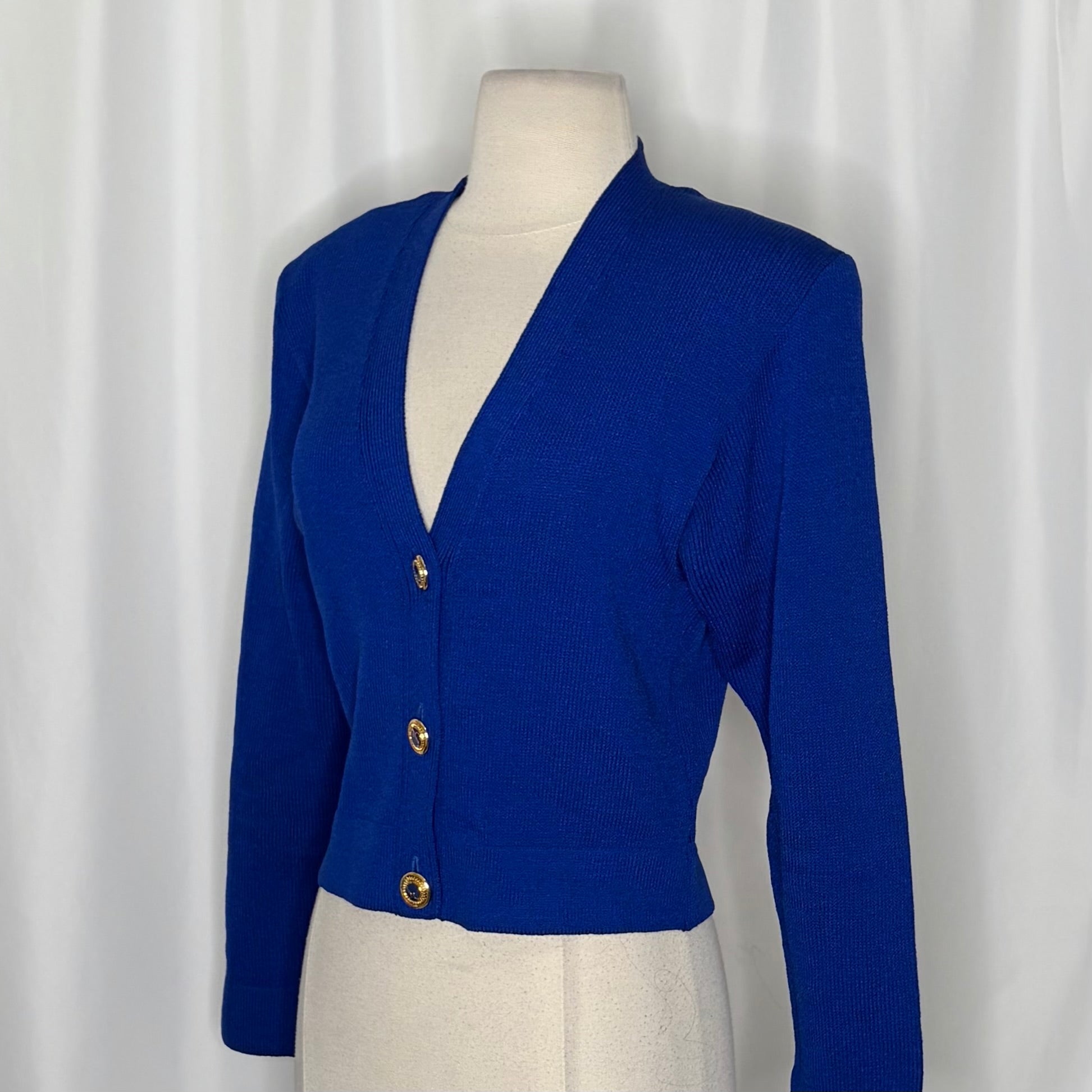 ST. JOHN Separates Cropped Knit Cardigan Sweater Royal Blue V-Neck Jacket Medium