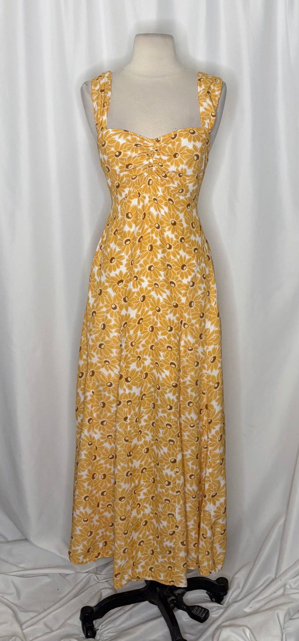 FREE PEOPLE Rosalee Midi Dress Yellow Combo Floral Cutout Back Boho X-Small