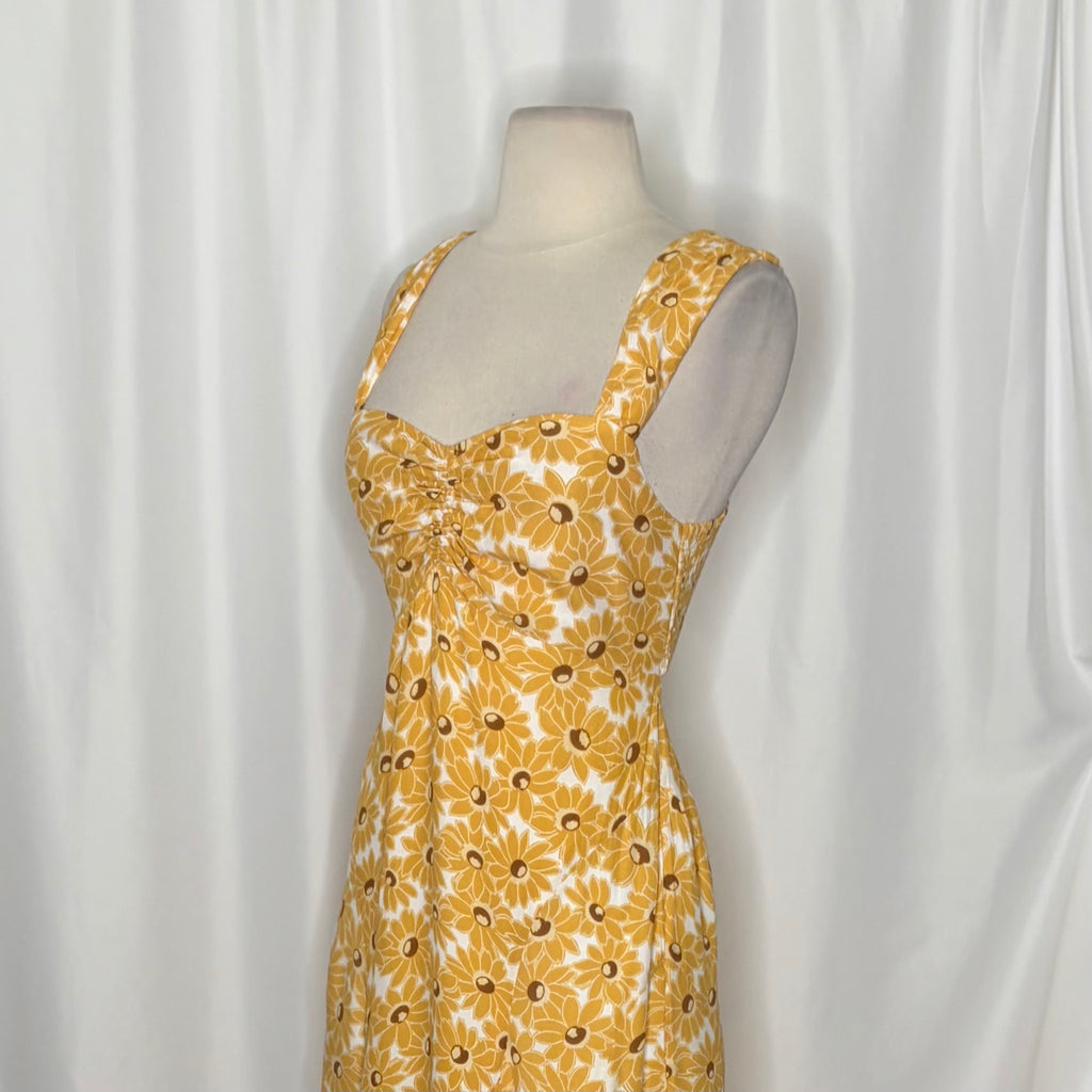 FREE PEOPLE Rosalee Midi Dress Yellow Combo Floral Cutout Back Boho X-Small