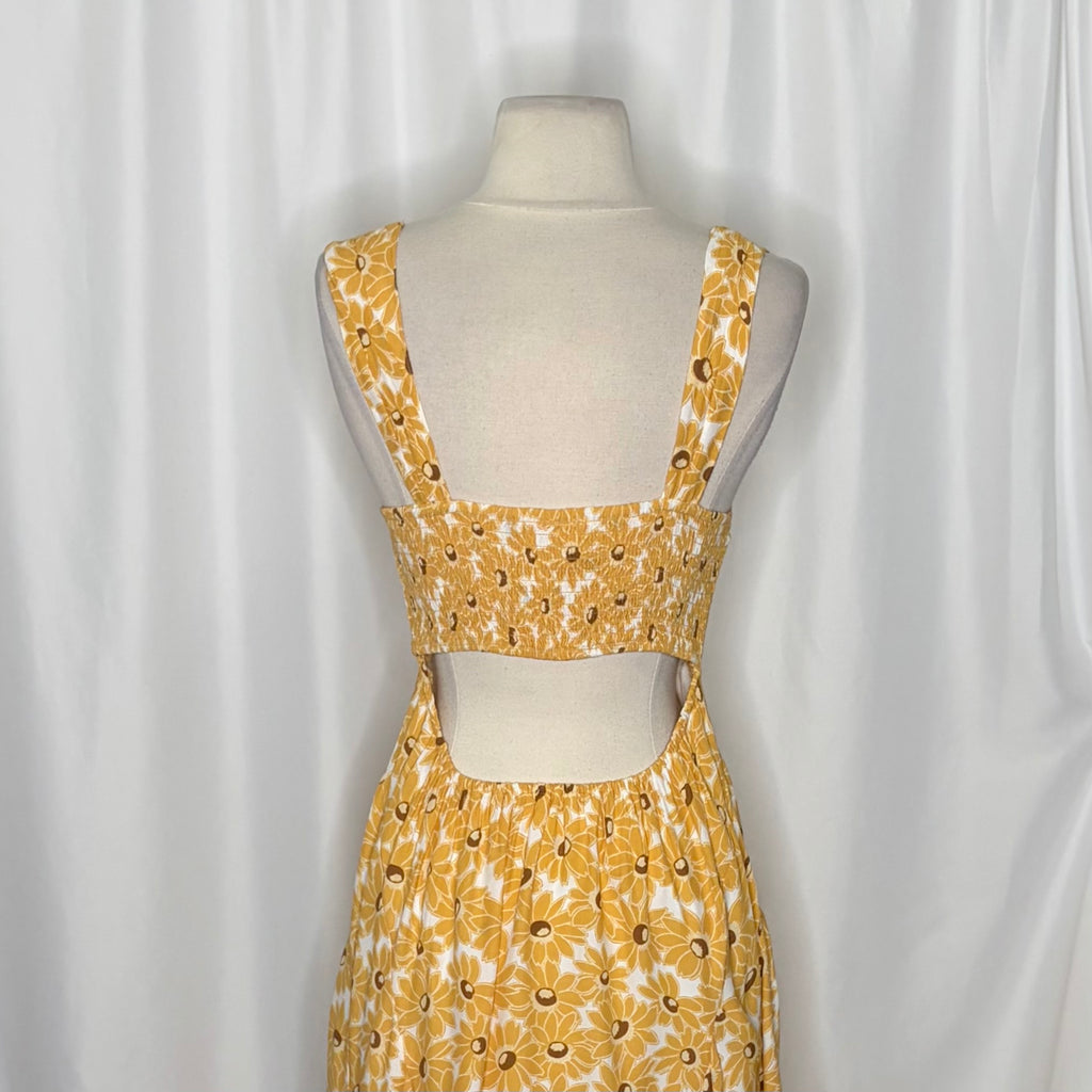FREE PEOPLE Rosalee Midi Dress Yellow Combo Floral Cutout Back Boho X-Small