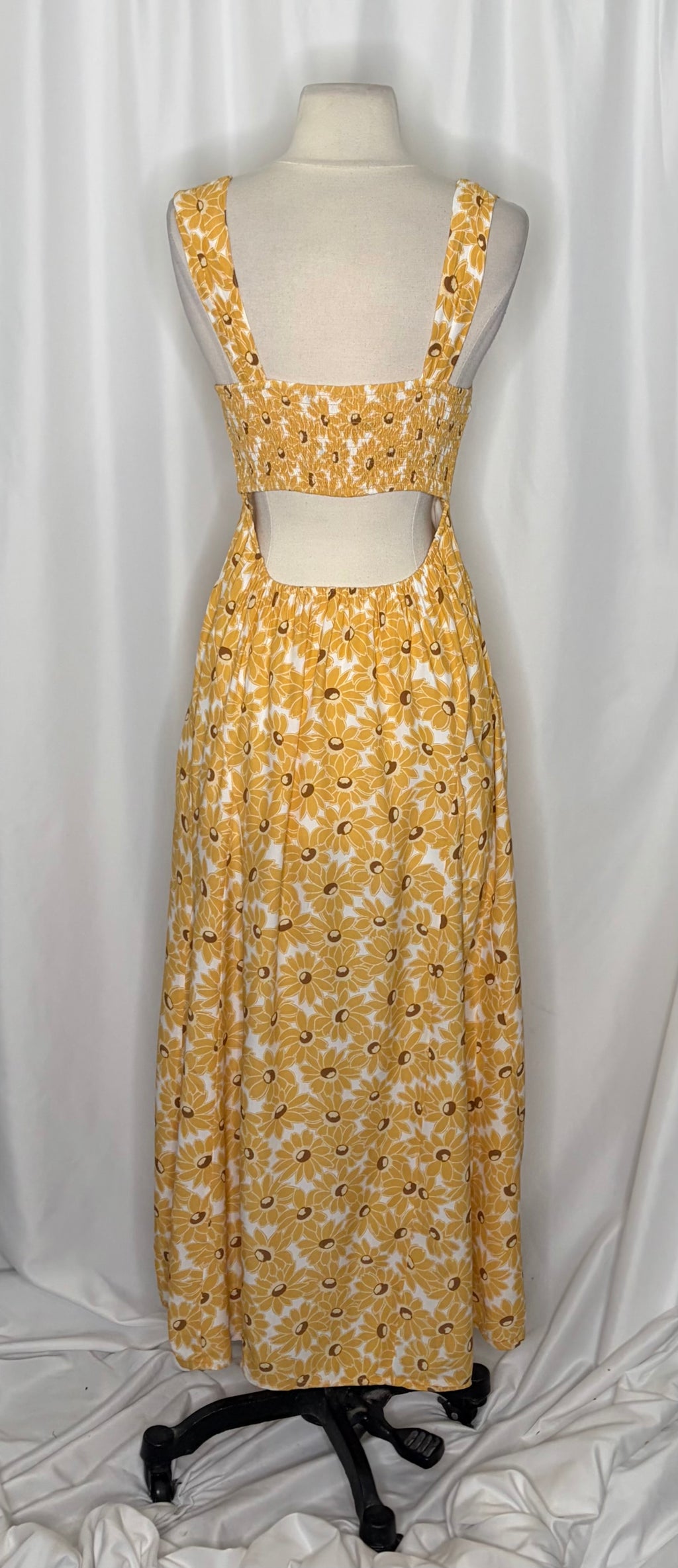 FREE PEOPLE Rosalee Midi Dress Yellow Combo Floral Cutout Back Boho X-Small