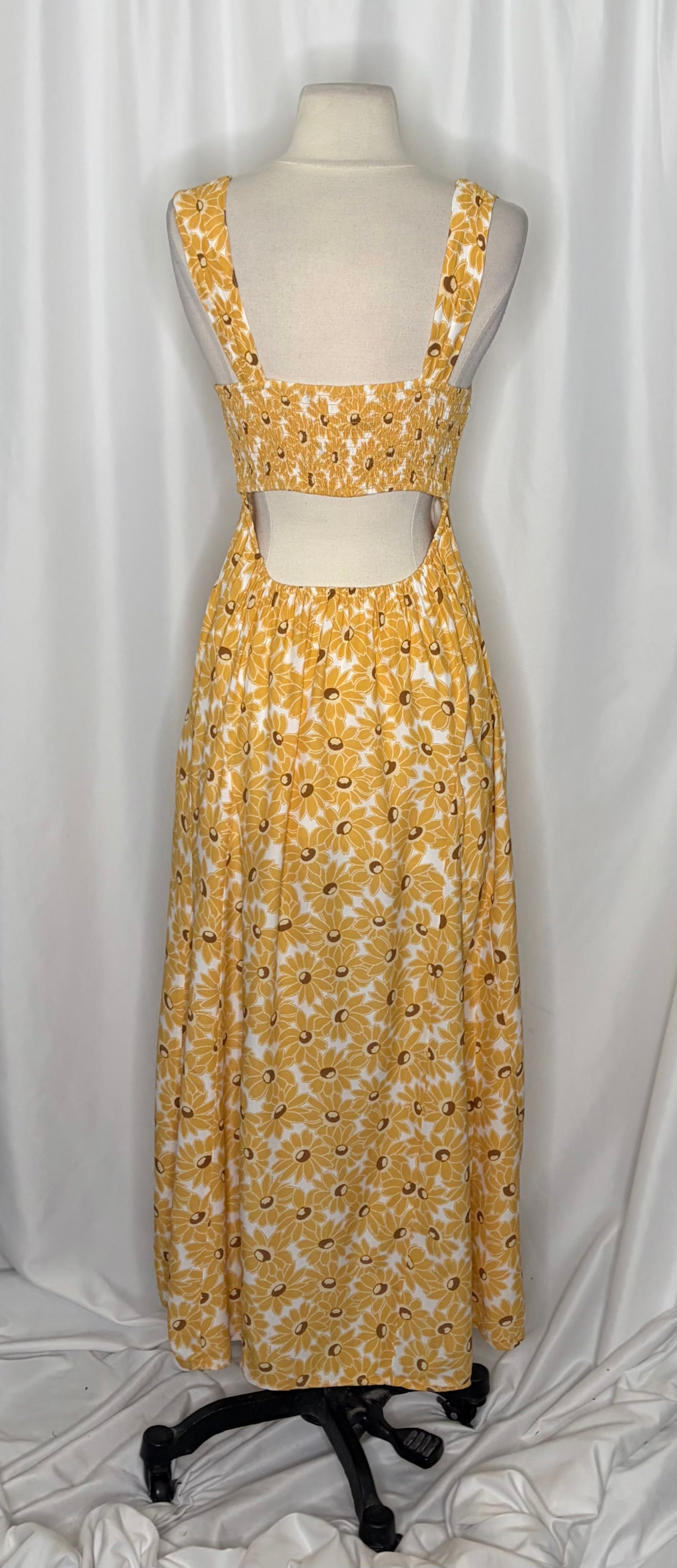 FREE PEOPLE Rosalee Midi Dress Yellow Combo Floral Cutout Back Boho X-Small