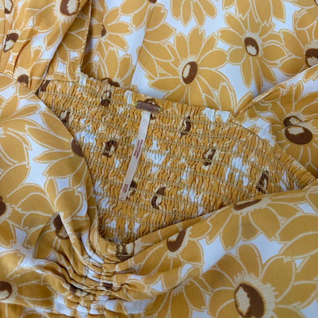 FREE PEOPLE Rosalee Midi Dress Yellow Combo Floral Cutout Back Boho X-Small