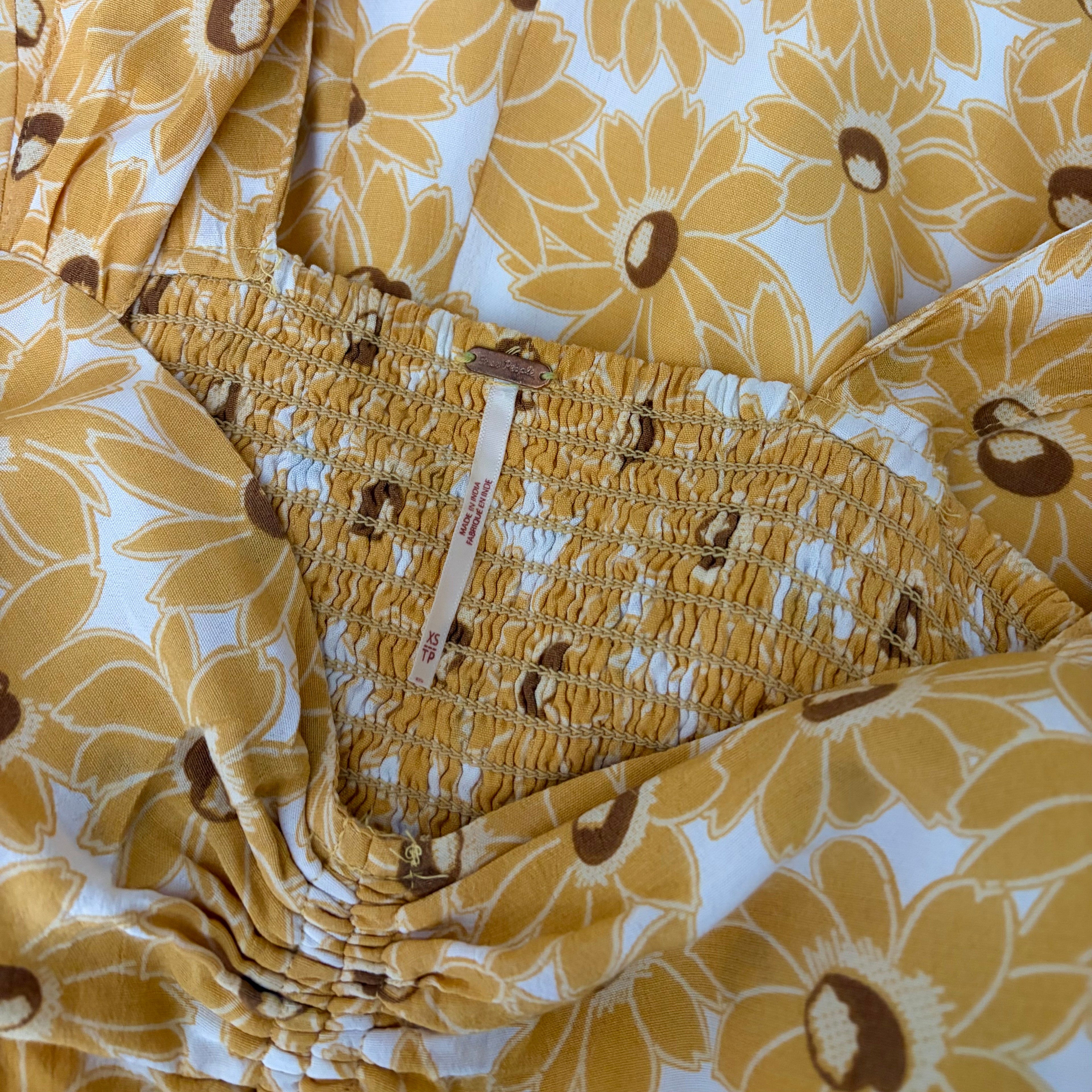 FREE PEOPLE Rosalee Midi Dress Yellow Combo Floral Cutout Back Boho X-Small