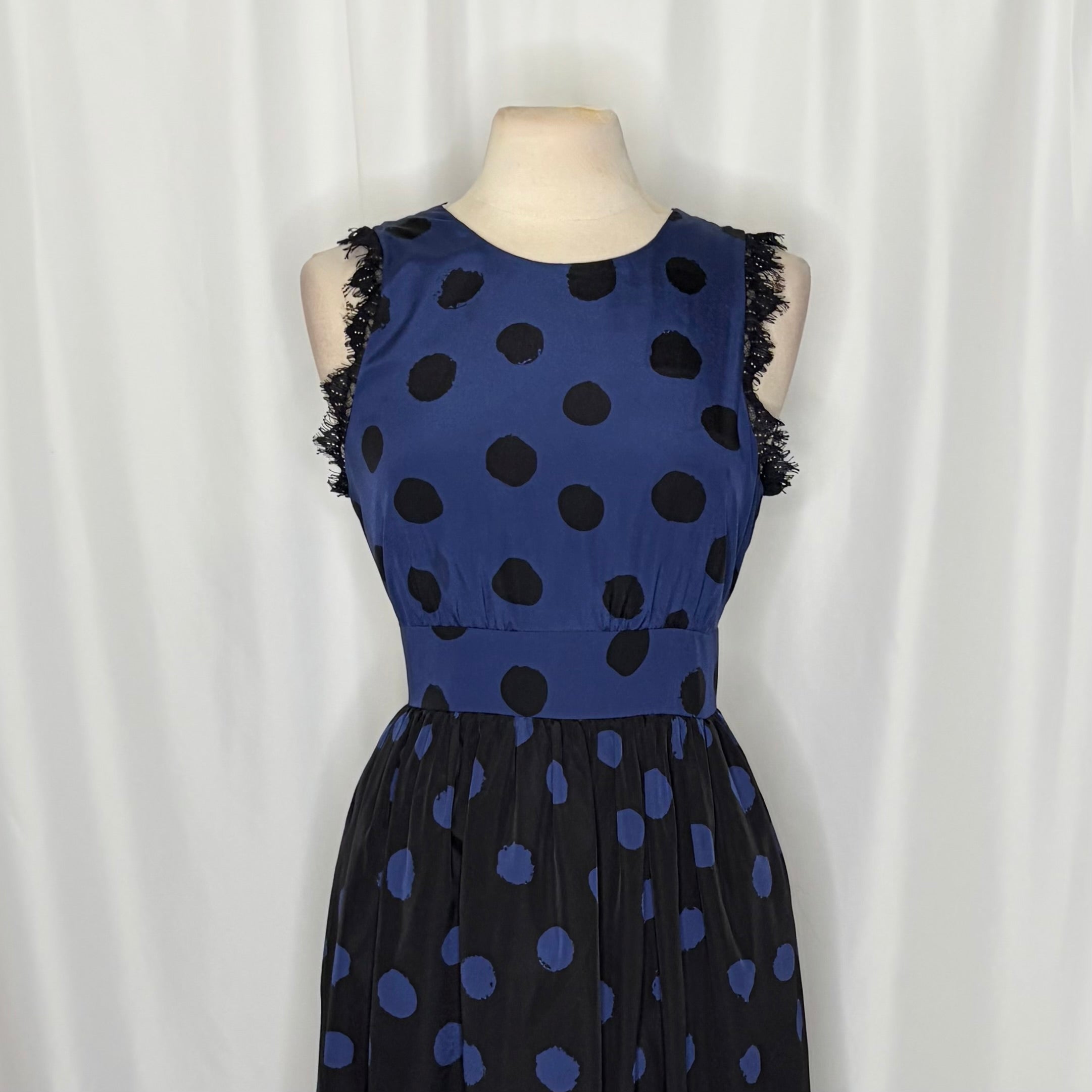 Anthropologie COREY LYNN CALTER Split Dots Lace Blue Black Fit Flare Dress 12