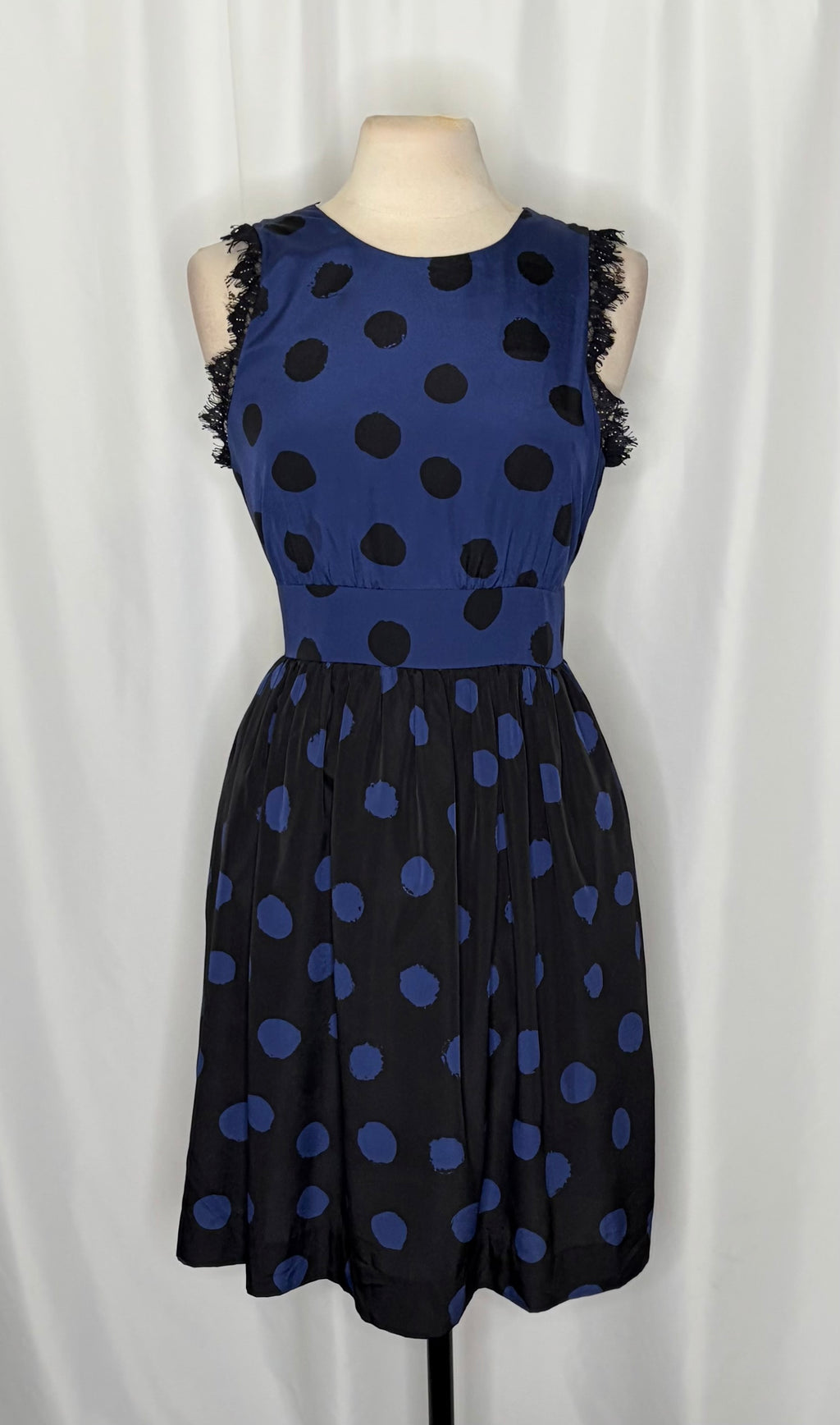 Anthropologie COREY LYNN CALTER Split Dots Lace Blue Black Fit Flare Dress 12