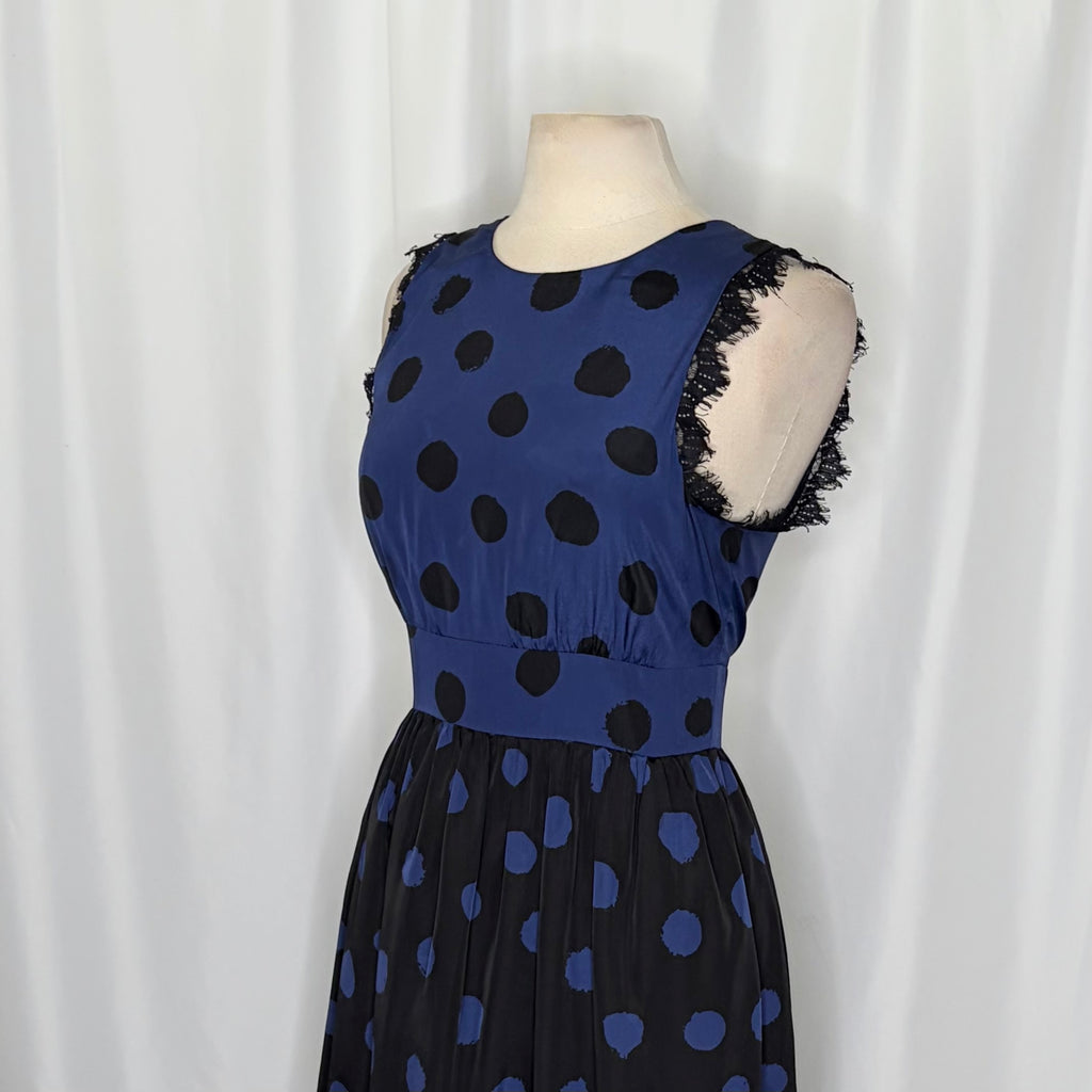 Anthropologie COREY LYNN CALTER Split Dots Lace Blue Black Fit Flare Dress 12