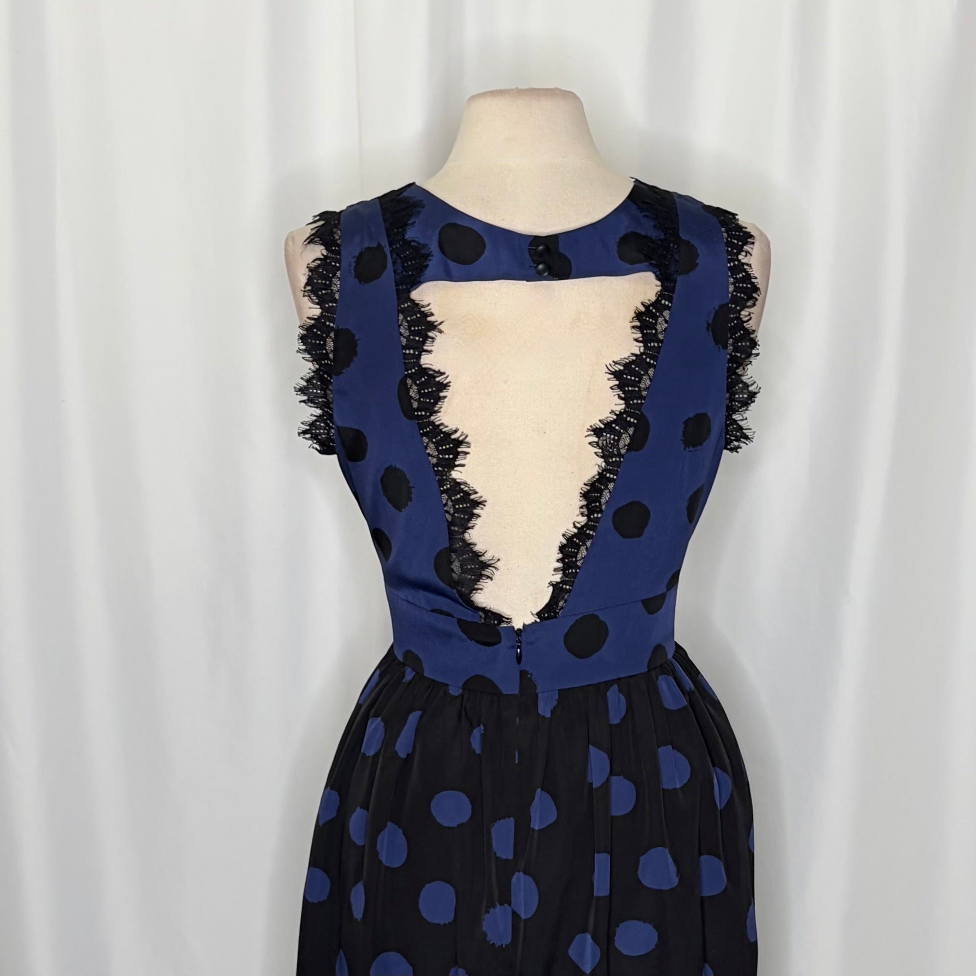 Anthropologie COREY LYNN CALTER Split Dots Lace Blue Black Fit Flare Dress 12