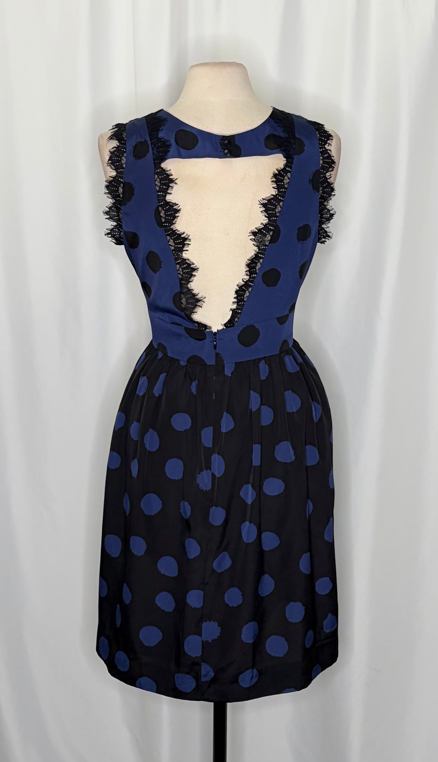 Anthropologie COREY LYNN CALTER Split Dots Lace Blue Black Fit Flare Dress 12