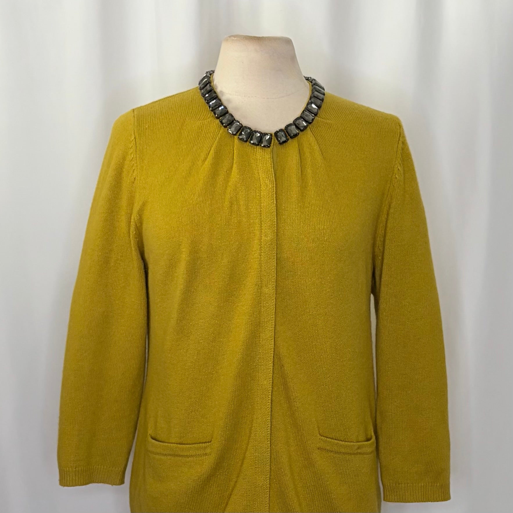 BODEN Jewelled Cardigan Sweater Wool Cashmere Knitwear 3/4 Sleeves Mustard 12