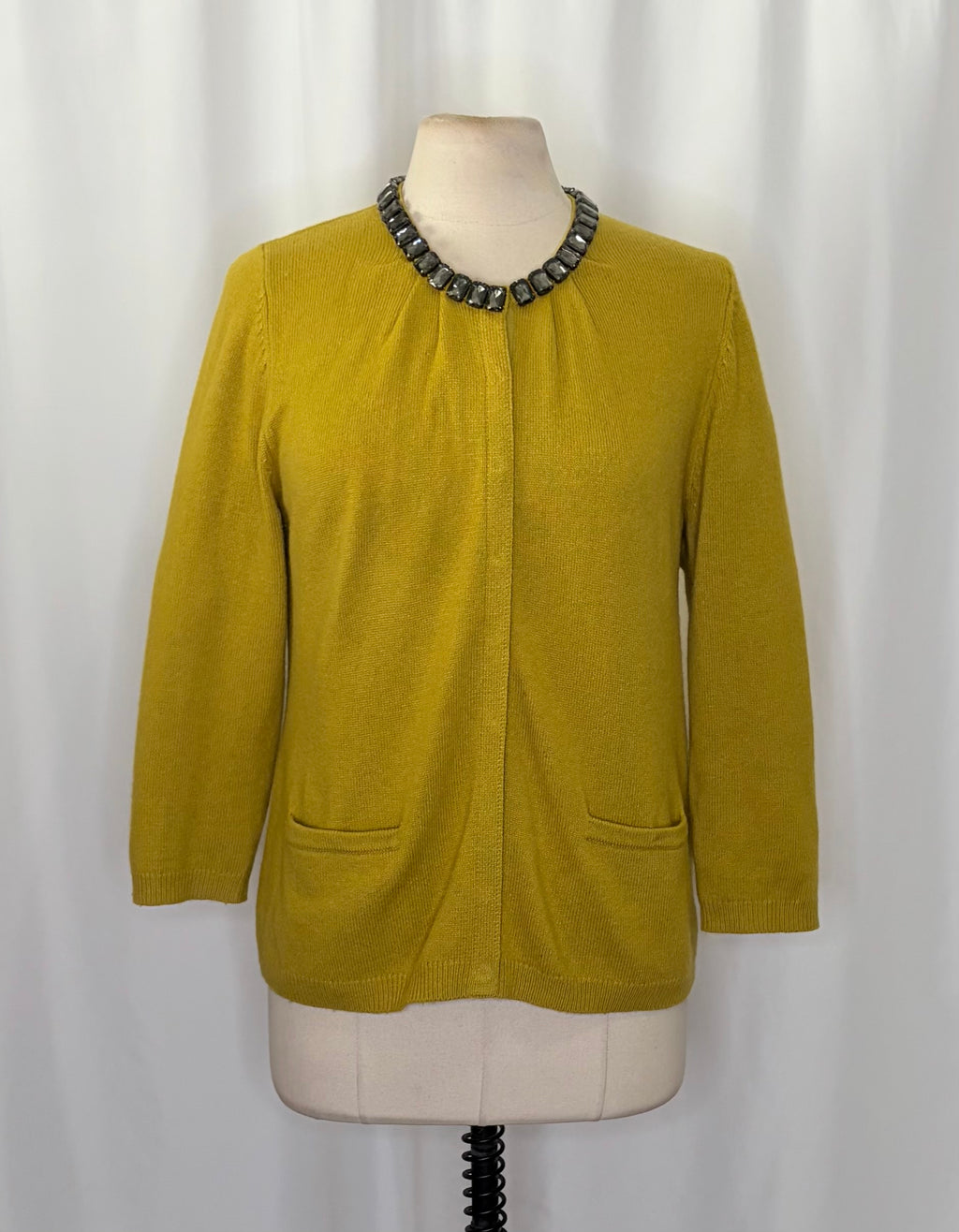 BODEN Jewelled Cardigan Sweater Wool Cashmere Knitwear 3/4 Sleeves Mustard 12