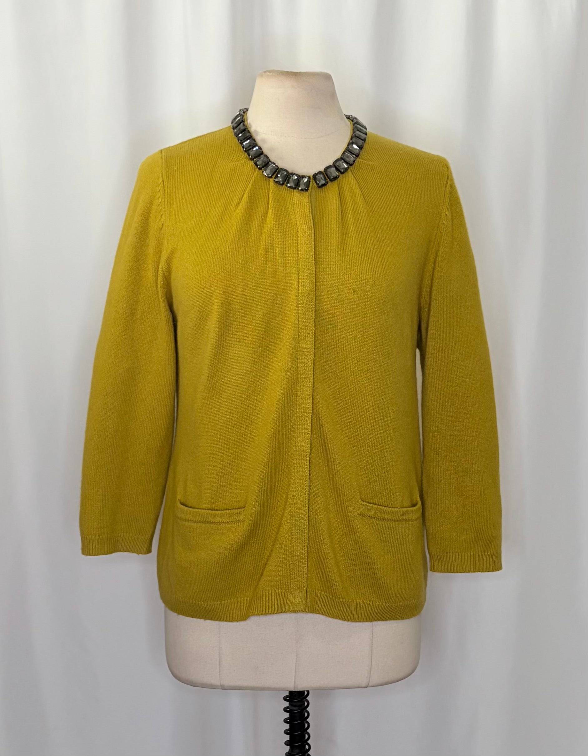 BODEN Jewelled Cardigan Sweater Wool Cashmere Knitwear 3/4 Sleeves Mustard 12