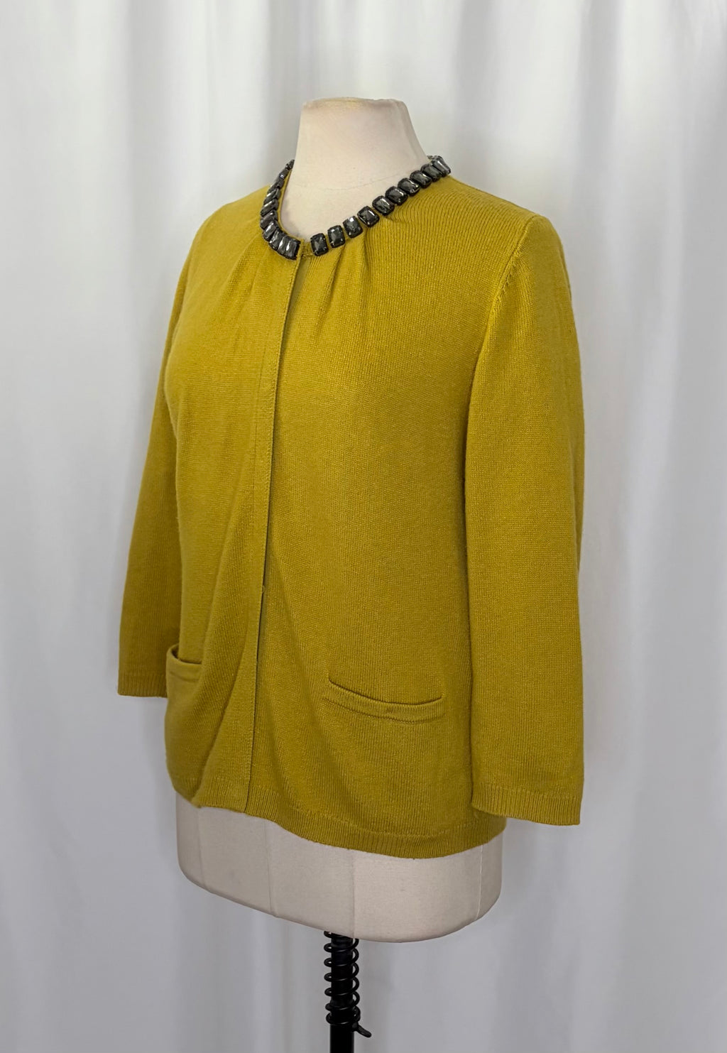 BODEN Jewelled Cardigan Sweater Wool Cashmere Knitwear 3/4 Sleeves Mustard 12