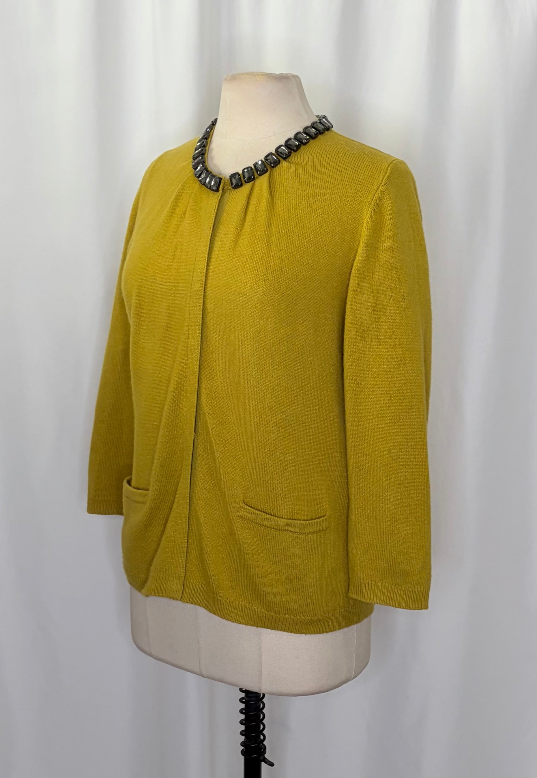 BODEN Jewelled Cardigan Sweater Wool Cashmere Knitwear 3/4 Sleeves Mustard 12