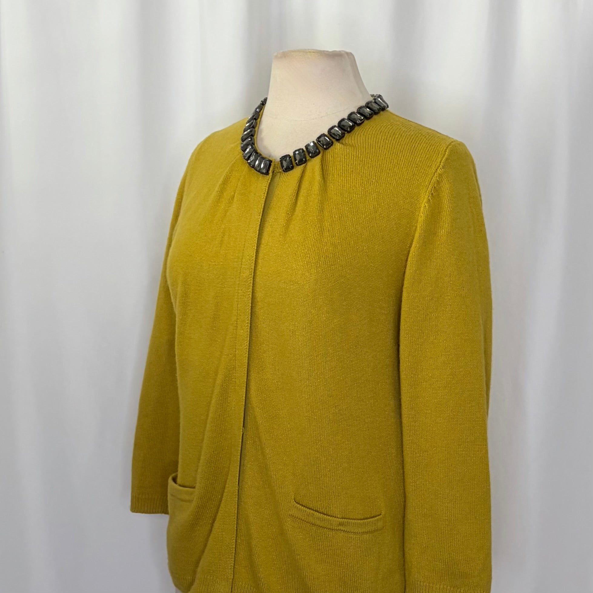 BODEN Jewelled Cardigan Sweater Wool Cashmere Knitwear 3/4 Sleeves Mustard 12