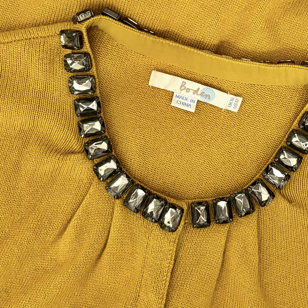 BODEN Jewelled Cardigan Sweater Wool Cashmere Knitwear 3/4 Sleeves Mustard 12
