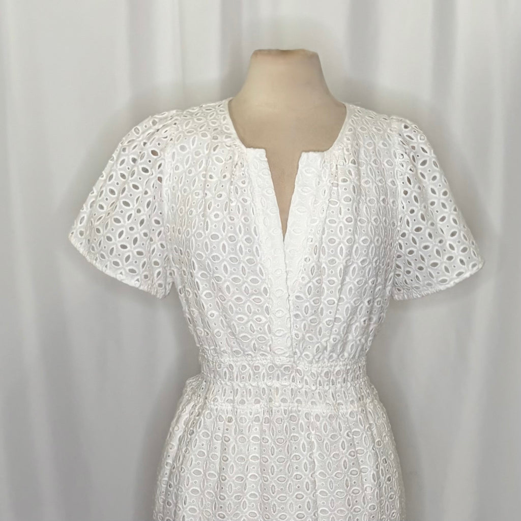 ANTHROPOLOGIE The Somerset White Eyelet Mini Dress Embroidered Smocked X-Large