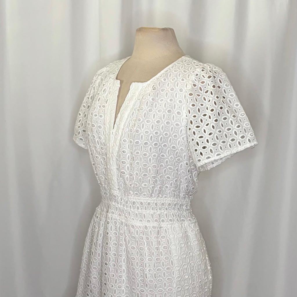 ANTHROPOLOGIE The Somerset White Eyelet Mini Dress Embroidered Smocked X-Large