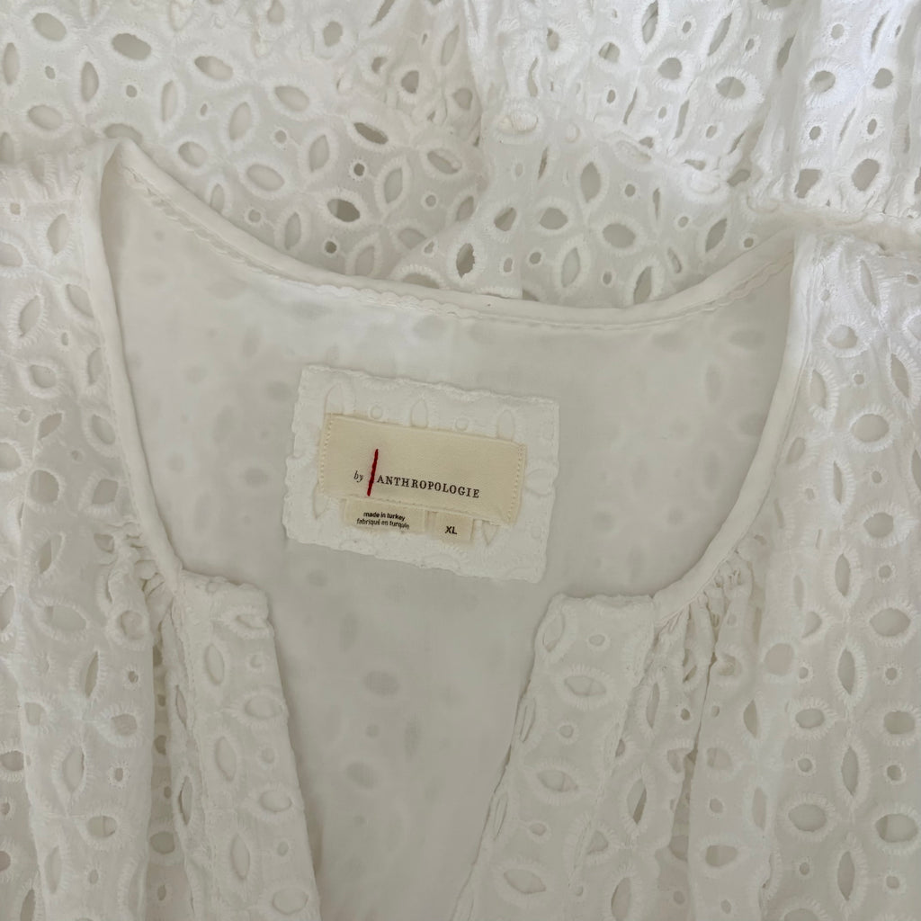 ANTHROPOLOGIE The Somerset White Eyelet Mini Dress Embroidered Smocked X-Large
