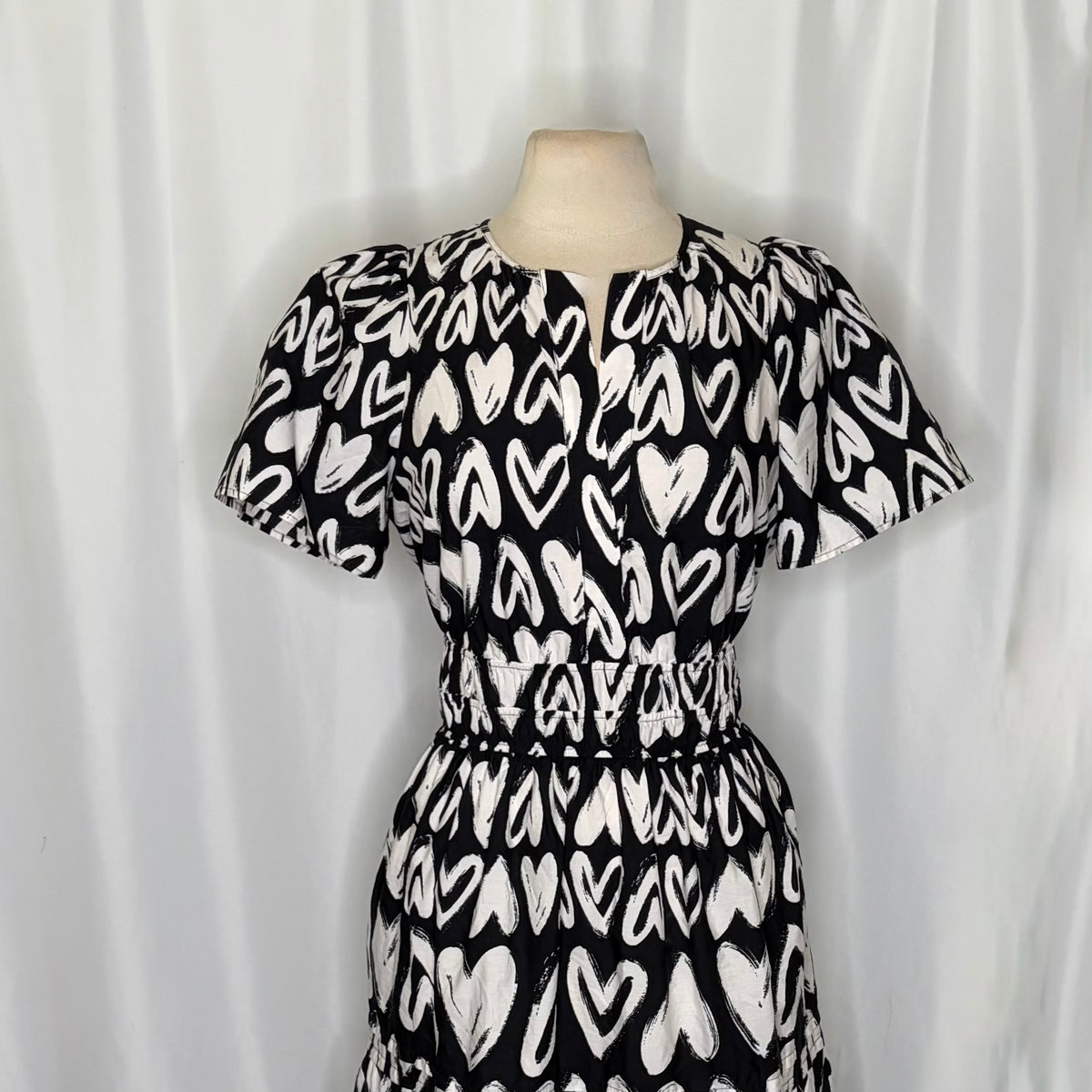 ANTHROPOLOGIE Somerset Heart Print Smocked Maxi Dress Black White Hearts Large