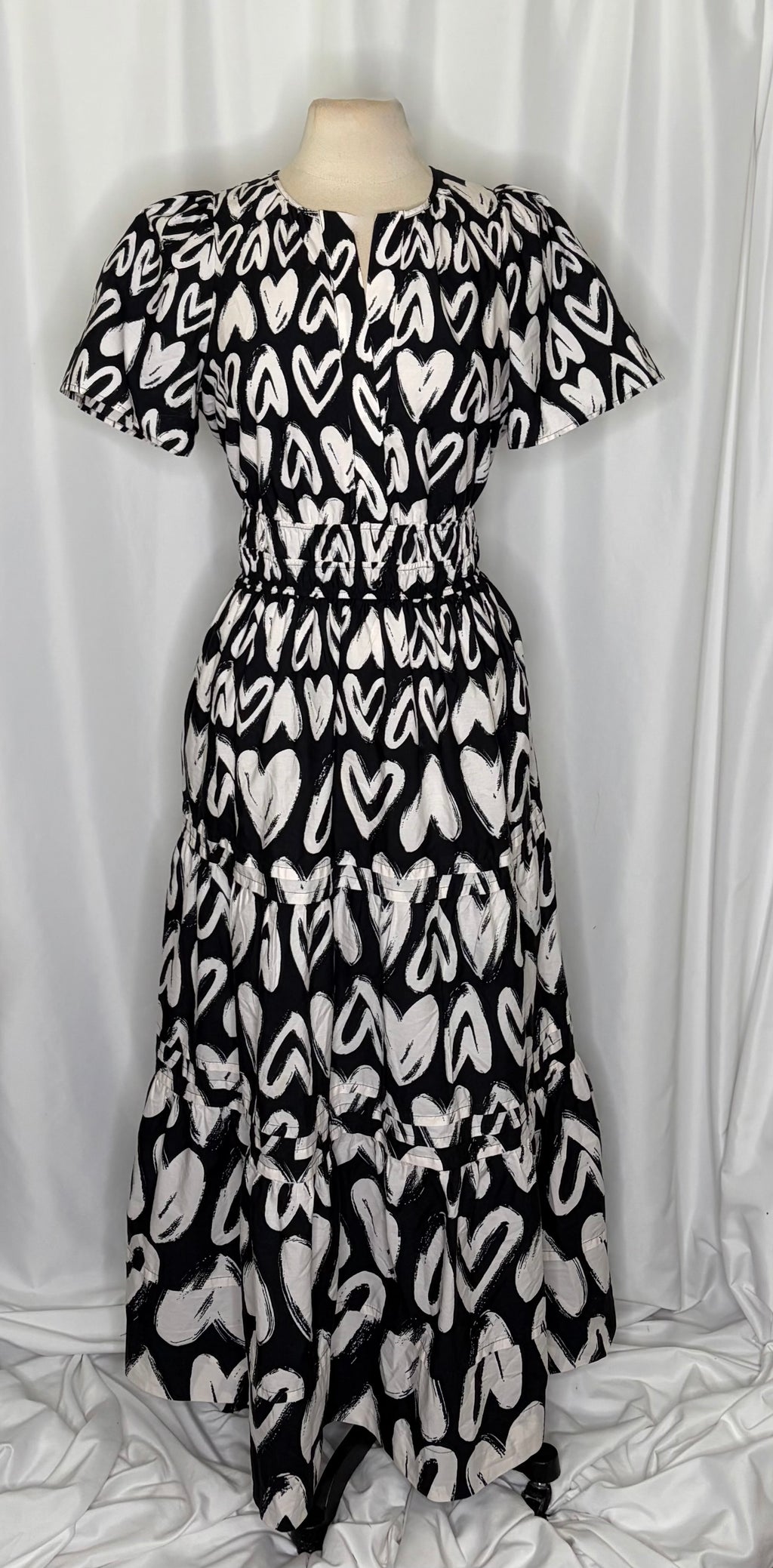 ANTHROPOLOGIE Somerset Heart Print Smocked Maxi Dress Black White Hearts Large