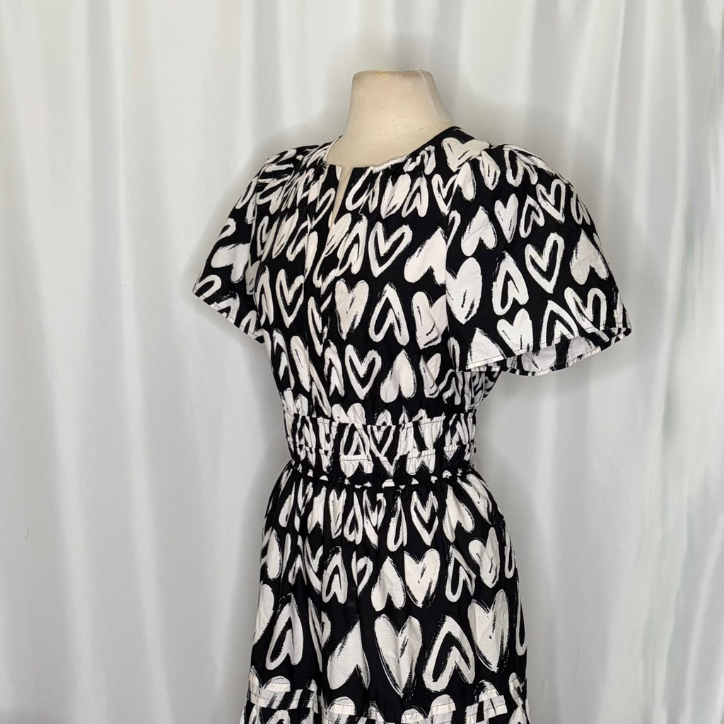 ANTHROPOLOGIE Somerset Heart Print Smocked Maxi Dress Black White Hearts Large