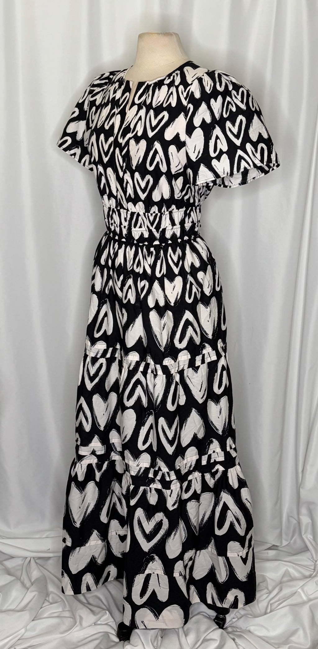 ANTHROPOLOGIE Somerset Heart Print Smocked Maxi Dress Black White Hearts Large