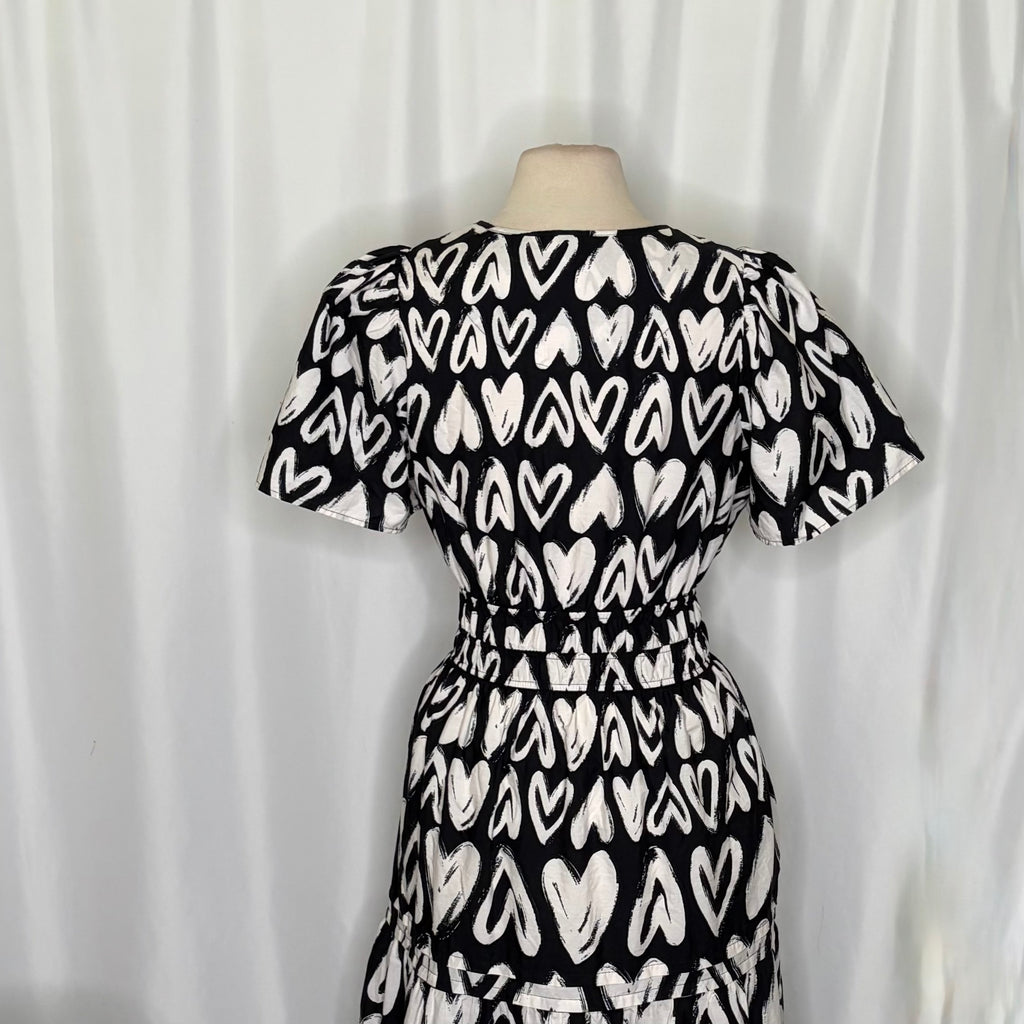 ANTHROPOLOGIE Somerset Heart Print Smocked Maxi Dress Black White Hearts Large