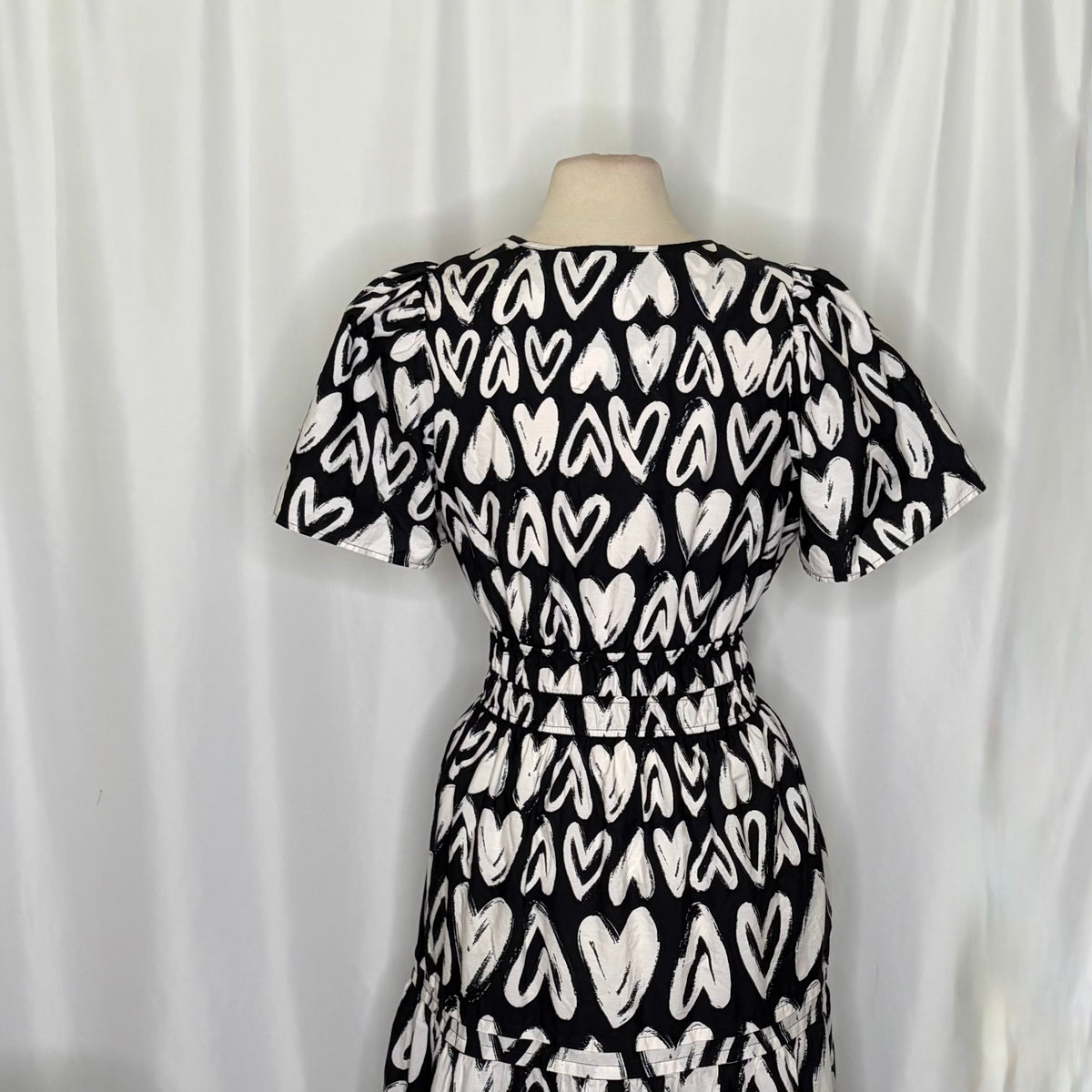 ANTHROPOLOGIE Somerset Heart Print Smocked Maxi Dress Black White Hearts Large