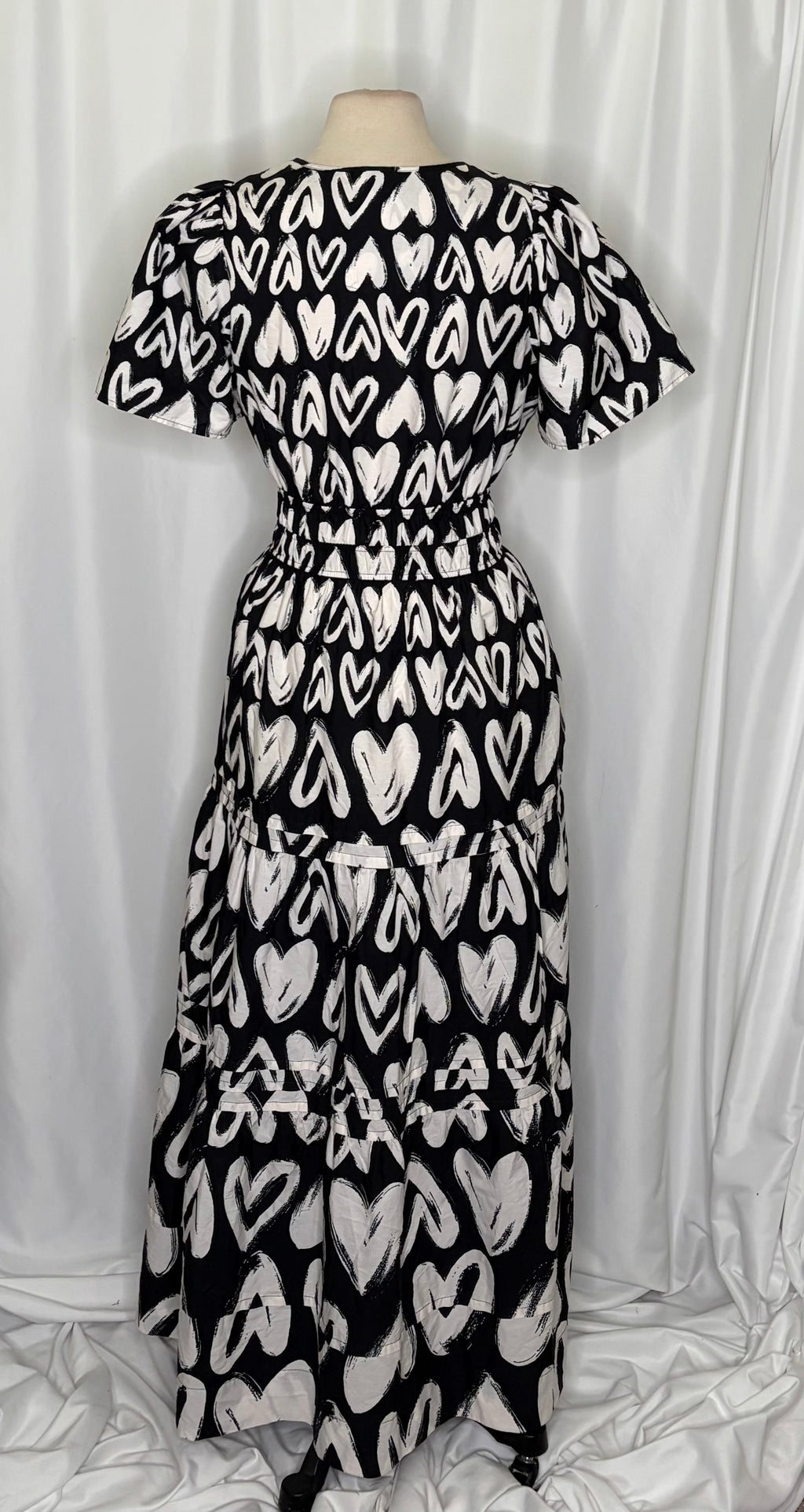 ANTHROPOLOGIE Somerset Heart Print Smocked Maxi Dress Black White Hearts Large