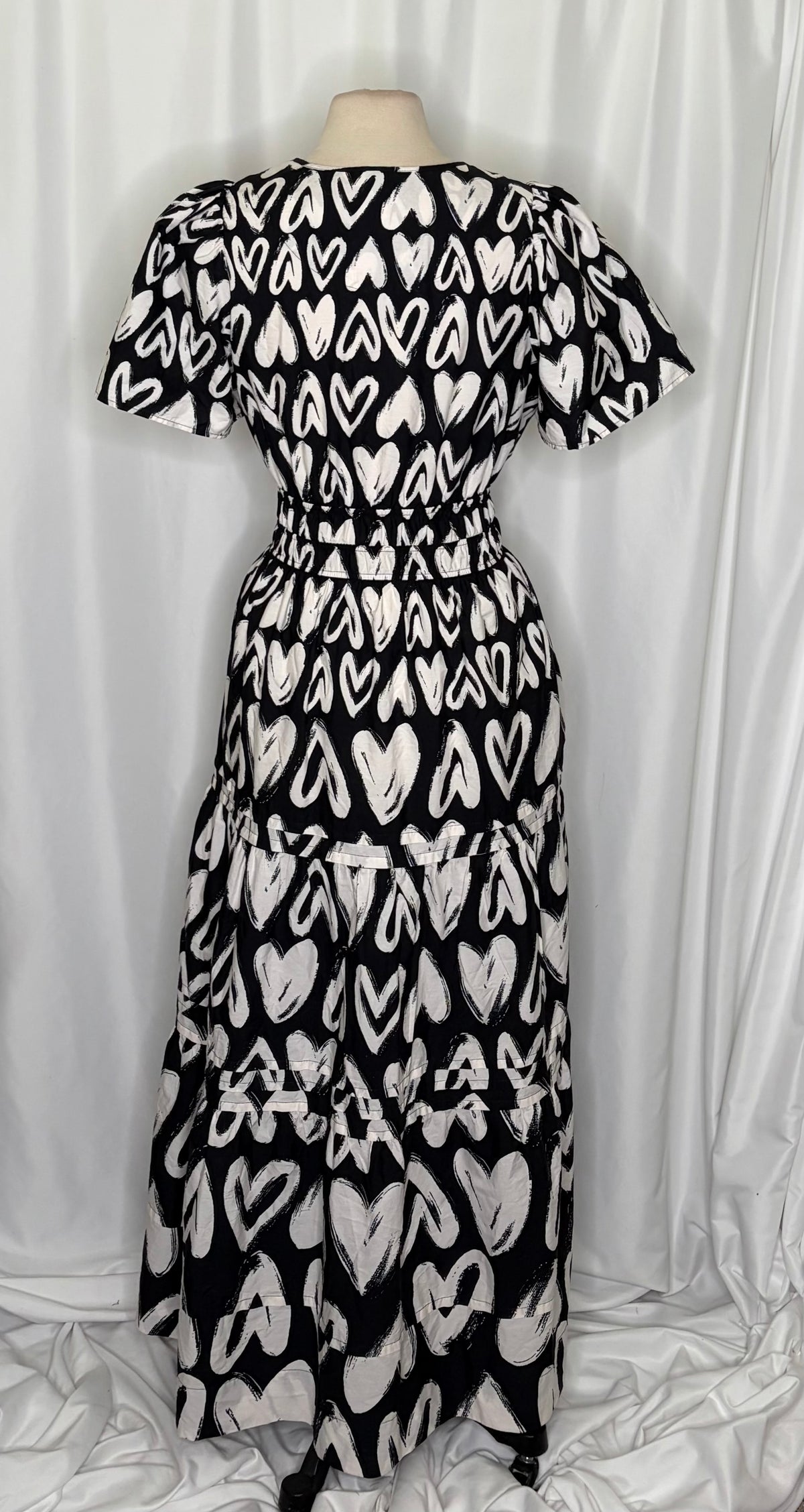 ANTHROPOLOGIE Somerset Heart Print Smocked Maxi Dress Black White Hearts Large