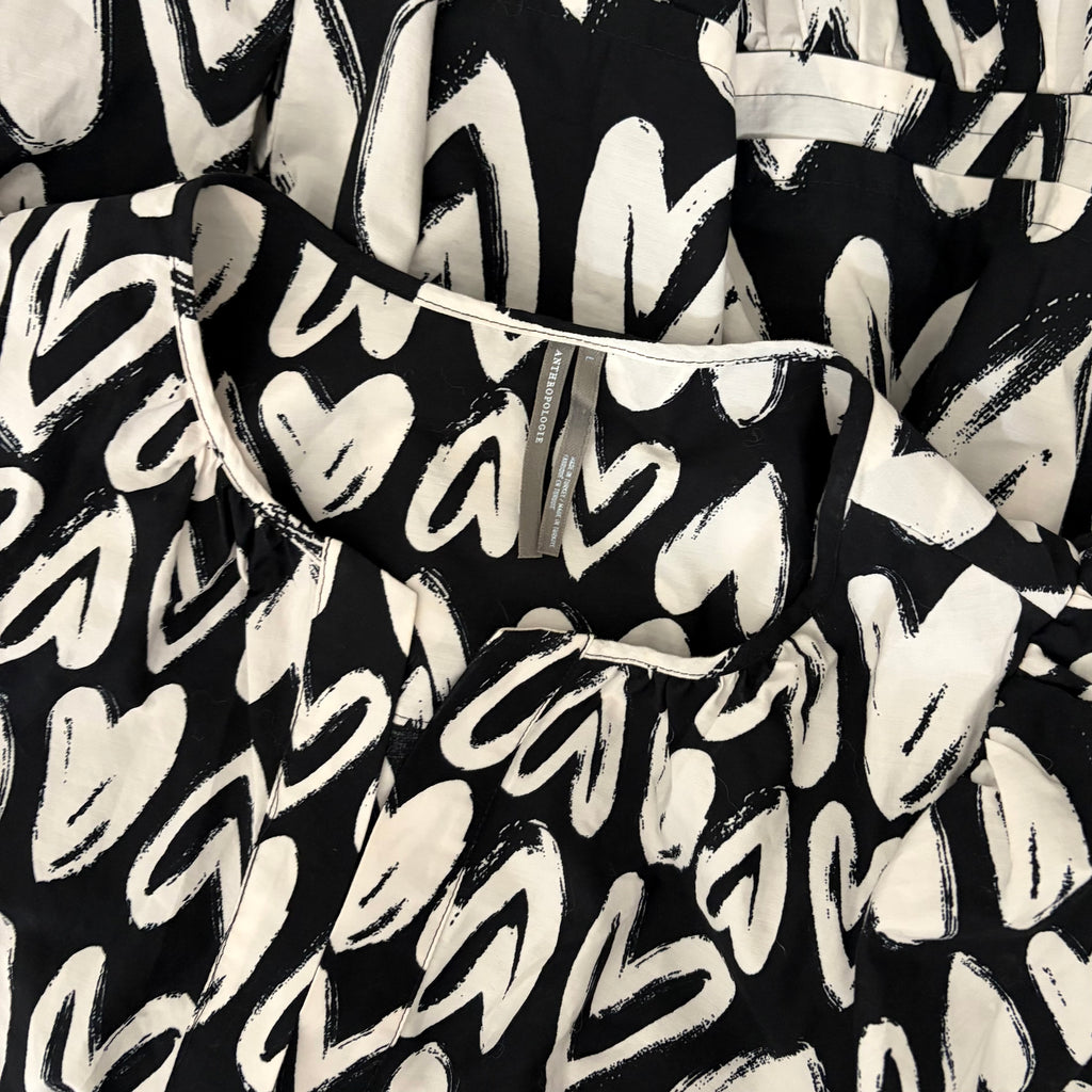 ANTHROPOLOGIE Somerset Heart Print Smocked Maxi Dress Black White Hearts Large