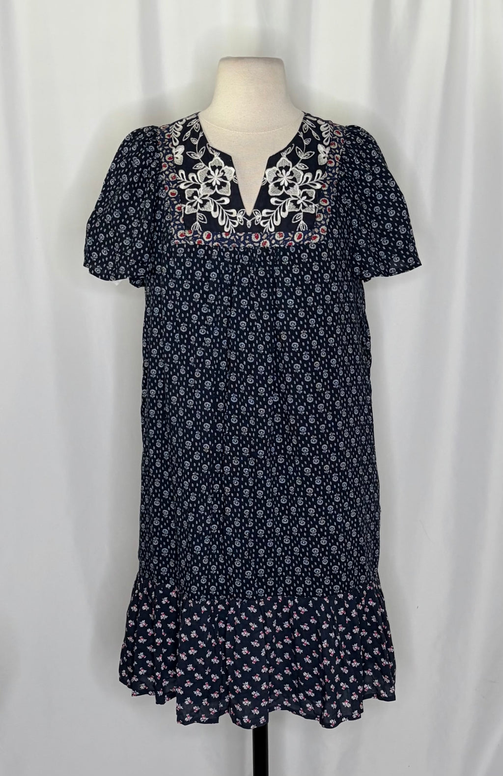 Anthropologie ONE SEPTEMBER Alpina Tunic Dress Embroidered Floral Ruffle X-Small