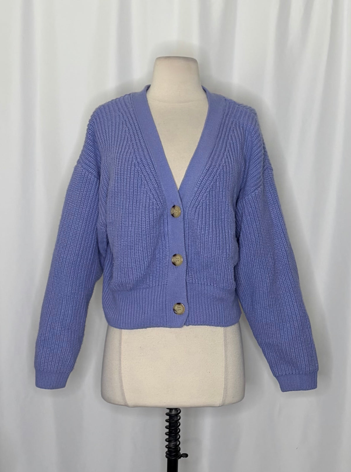ZARA Cropped Shaker Knit Cardigan Sweater Blue Purple Button Front Medium