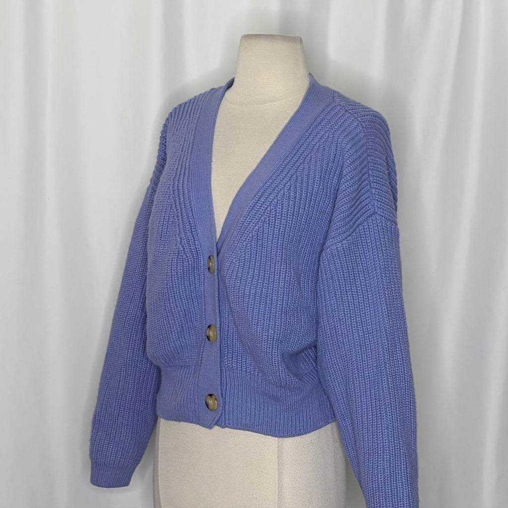 ZARA Cropped Shaker Knit Cardigan Sweater Blue Purple Button Front Medium