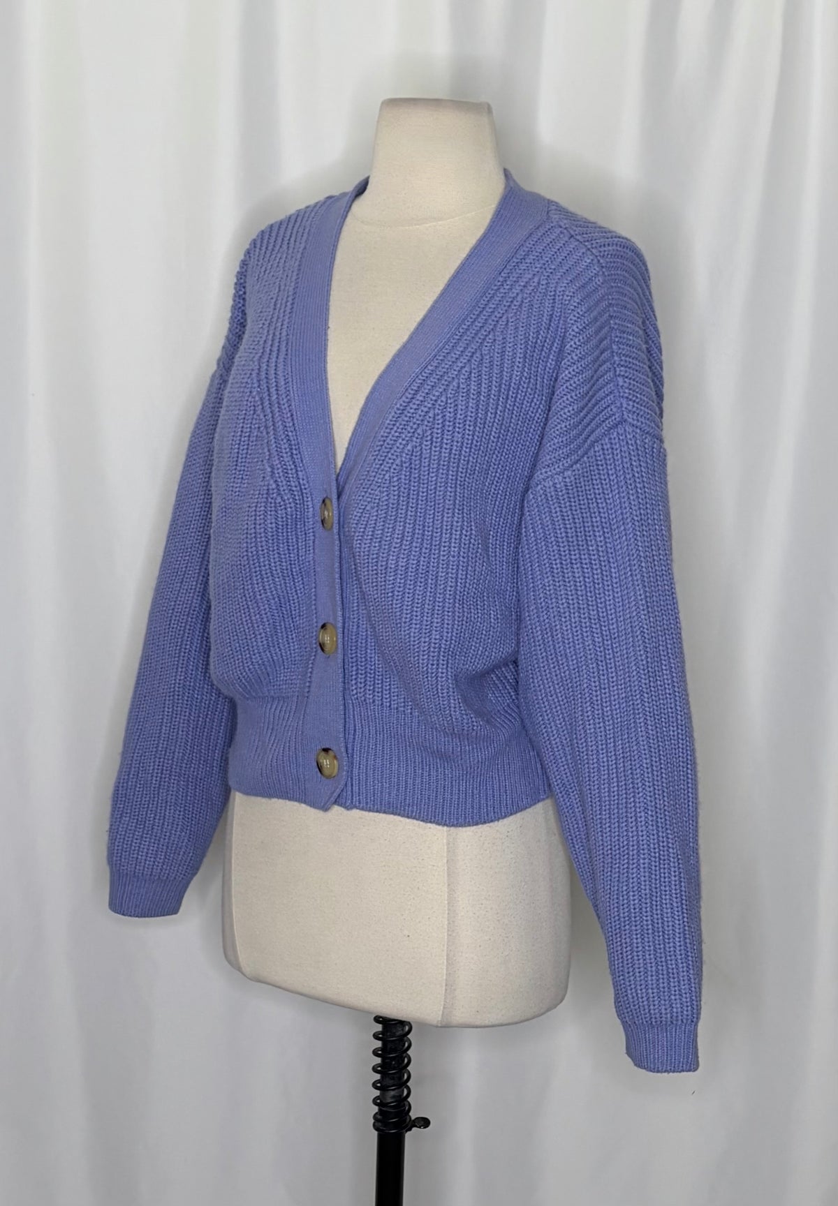 ZARA Cropped Shaker Knit Cardigan Sweater Blue Purple Button Front Medium