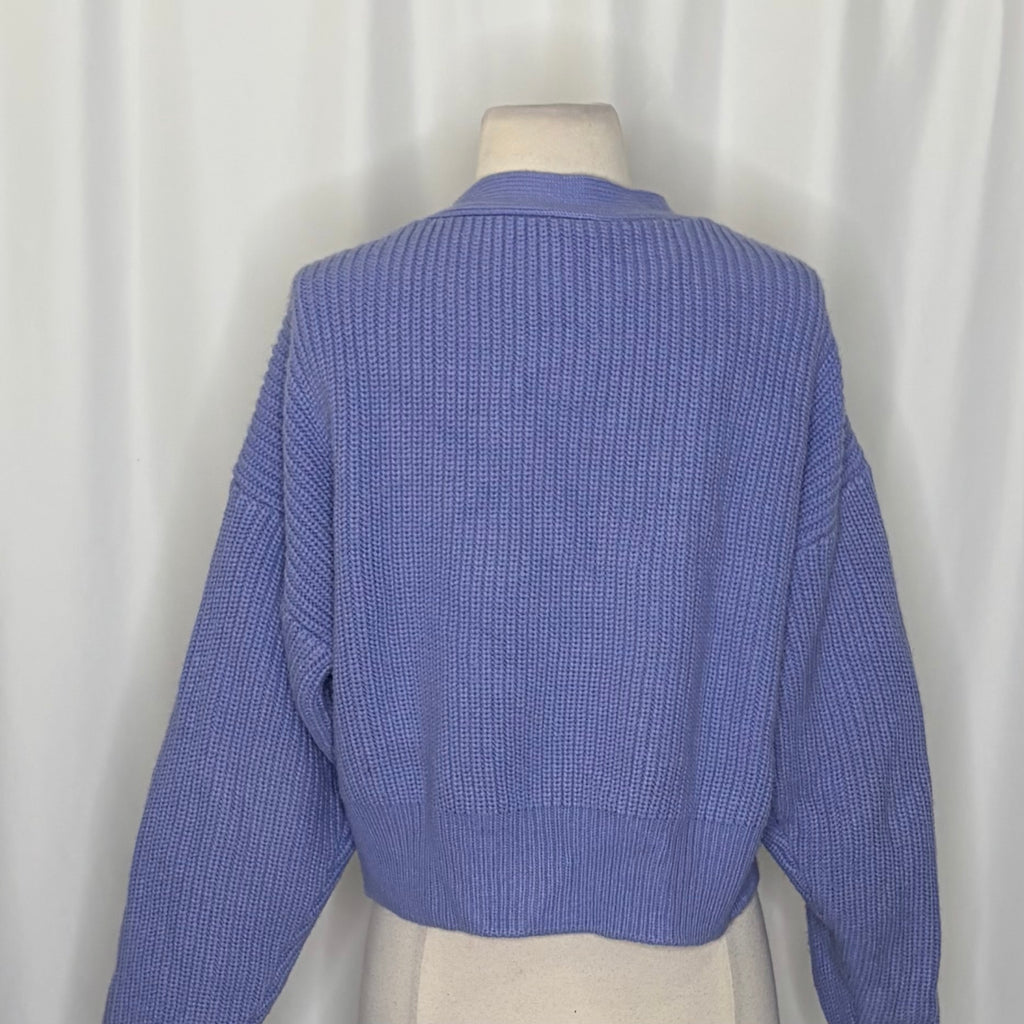 ZARA Cropped Shaker Knit Cardigan Sweater Blue Purple Button Front Medium