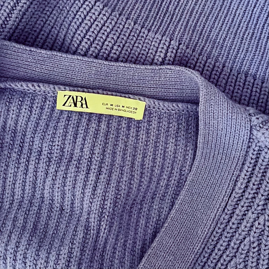 ZARA Cropped Shaker Knit Cardigan Sweater Blue Purple Button Front Medium