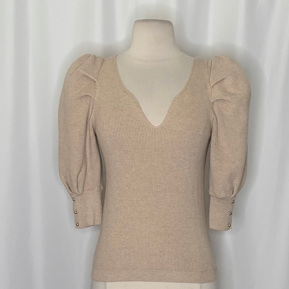 BA&SH Harris Puff Sleeve Wool Blend Rib V-Neck Sweater Solid Beige Knit X-Small