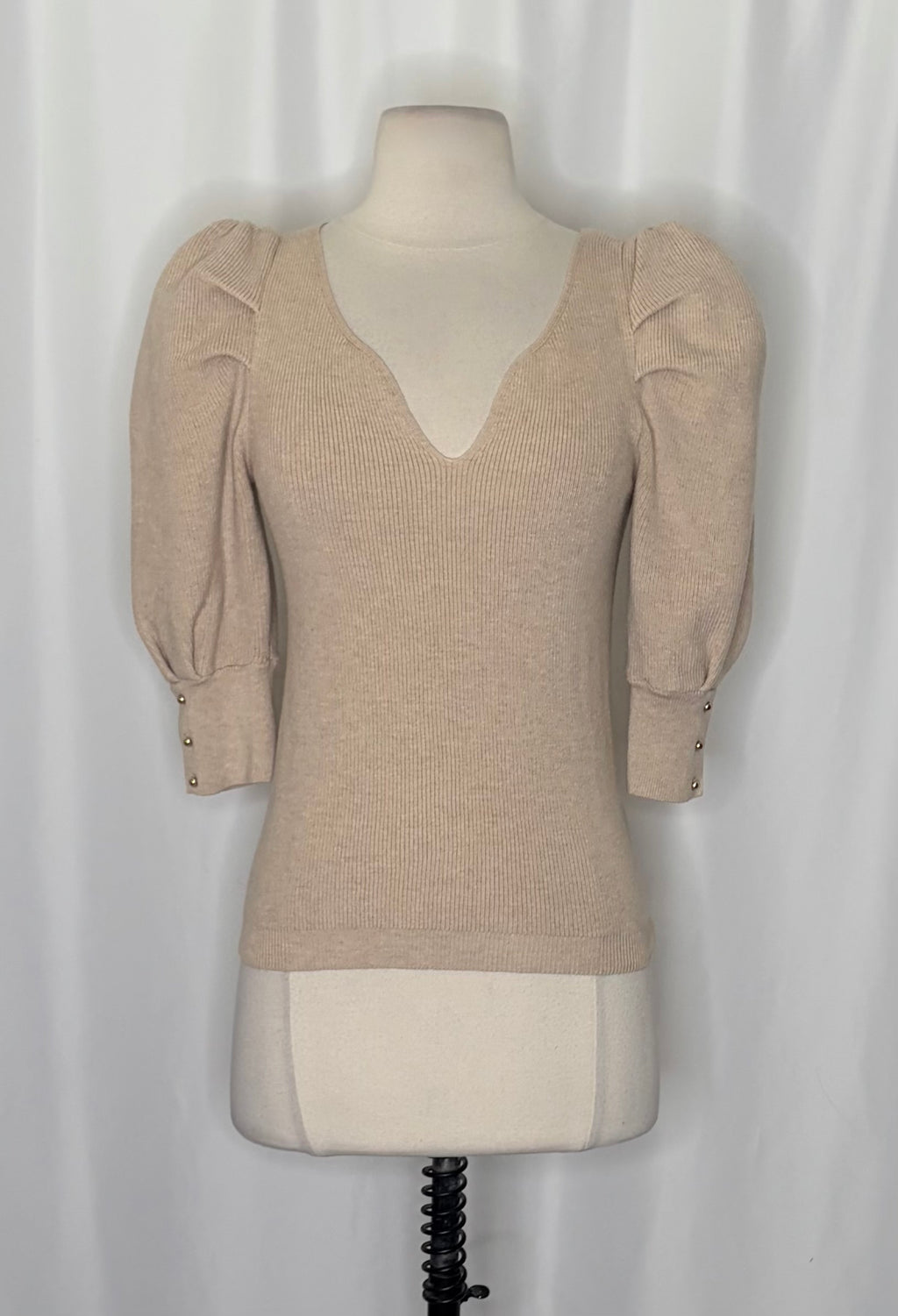 BA&SH Harris Puff Sleeve Wool Blend Rib V-Neck Sweater Solid Beige Knit X-Small