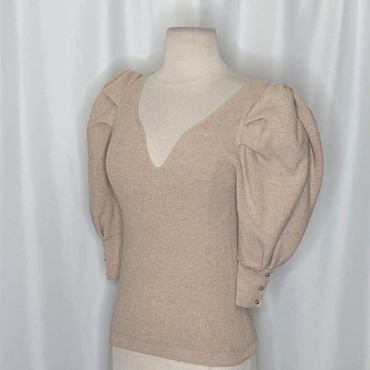 BA&SH Harris Puff Sleeve Wool Blend Rib V-Neck Sweater Solid Beige Knit X-Small