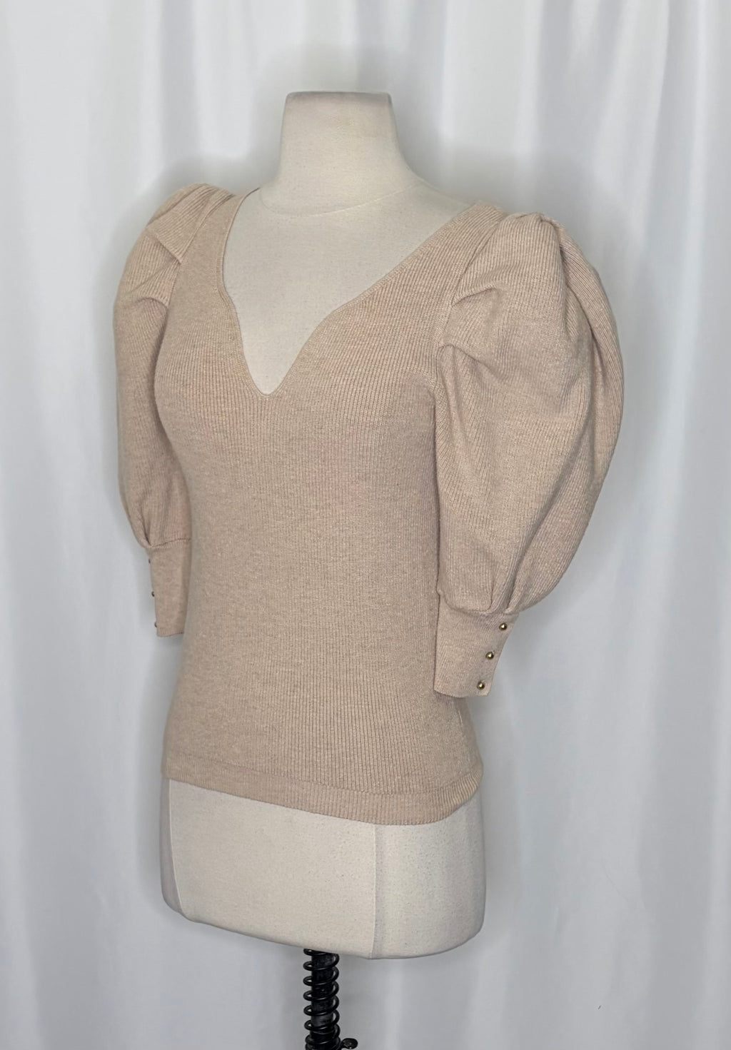BA&SH Harris Puff Sleeve Wool Blend Rib V-Neck Sweater Solid Beige Knit X-Small