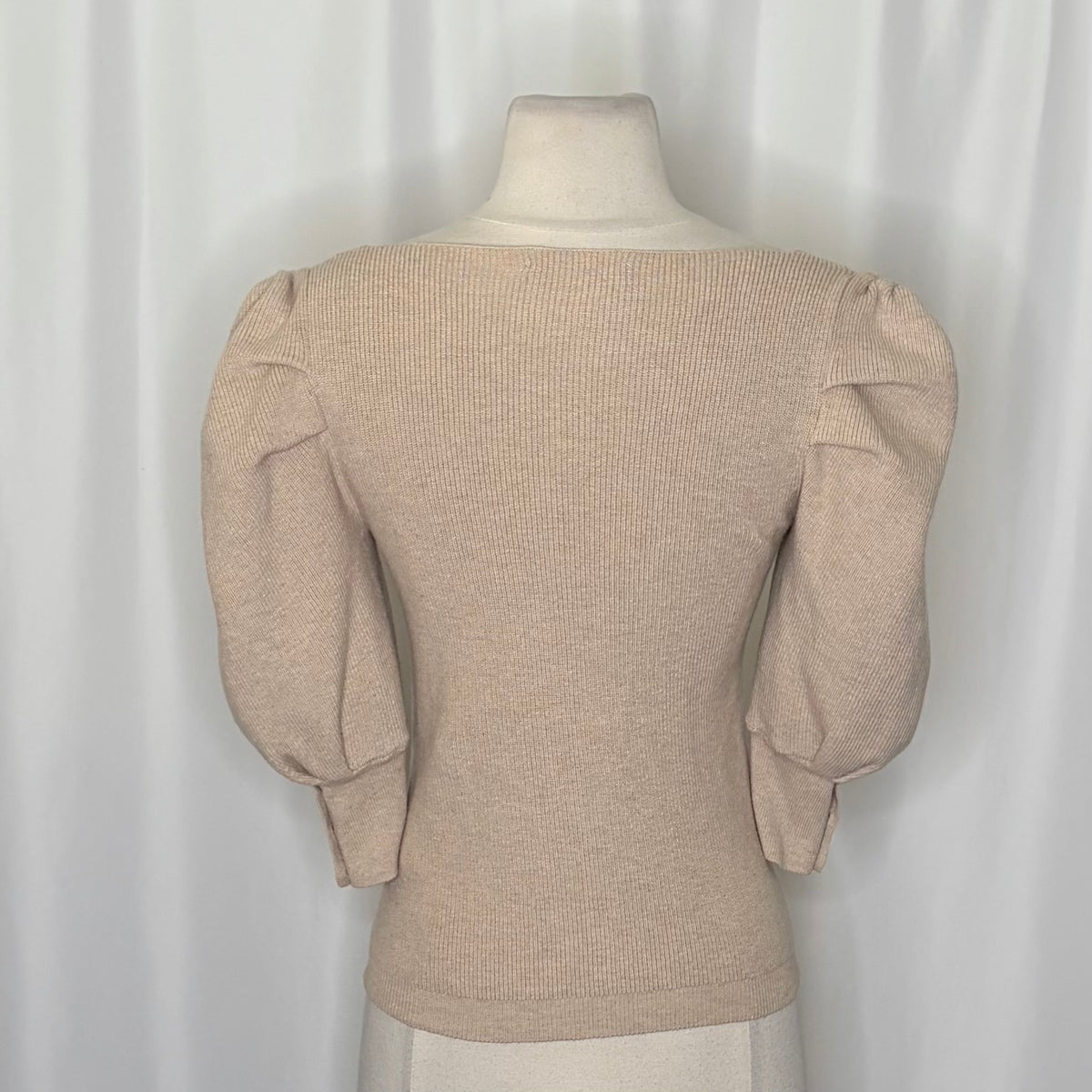 BA&SH Harris Puff Sleeve Wool Blend Rib V-Neck Sweater Solid Beige Knit X-Small